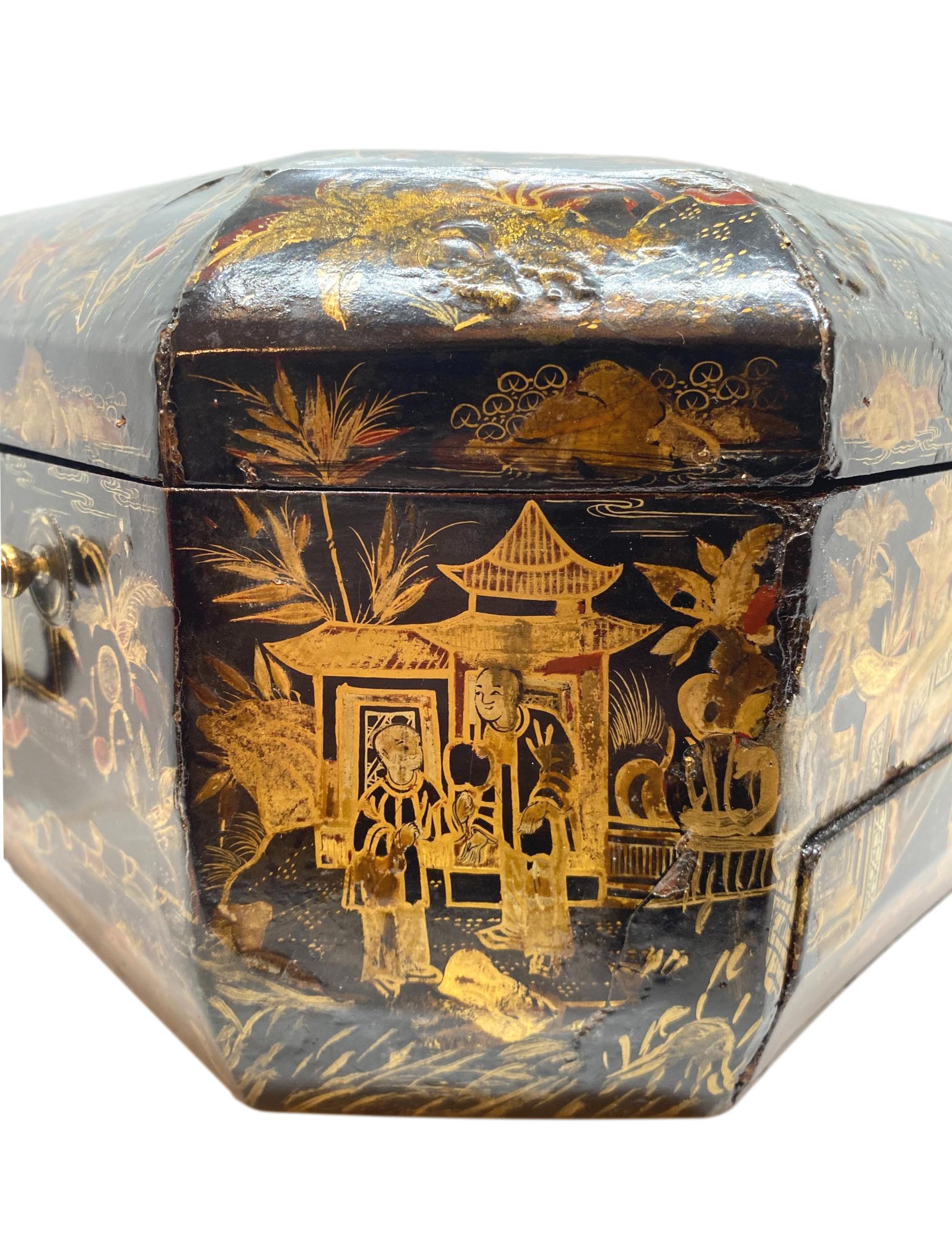 18th Century Chinoiserie Work Box with Fitted Interior, Black, Gold, Red-Lacquer 5