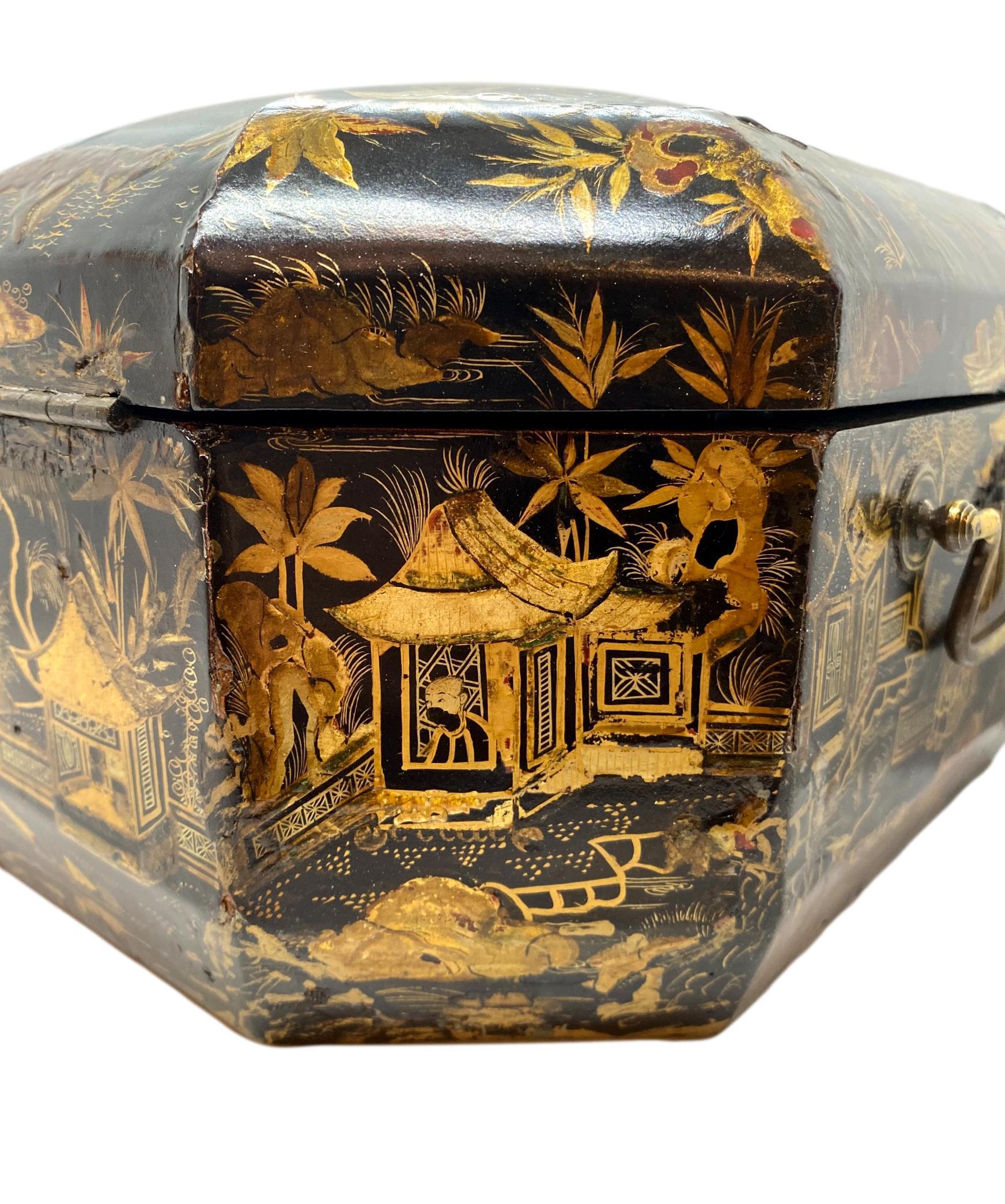 18th Century Chinoiserie Work Box with Fitted Interior, Black, Gold, Red-Lacquer 6