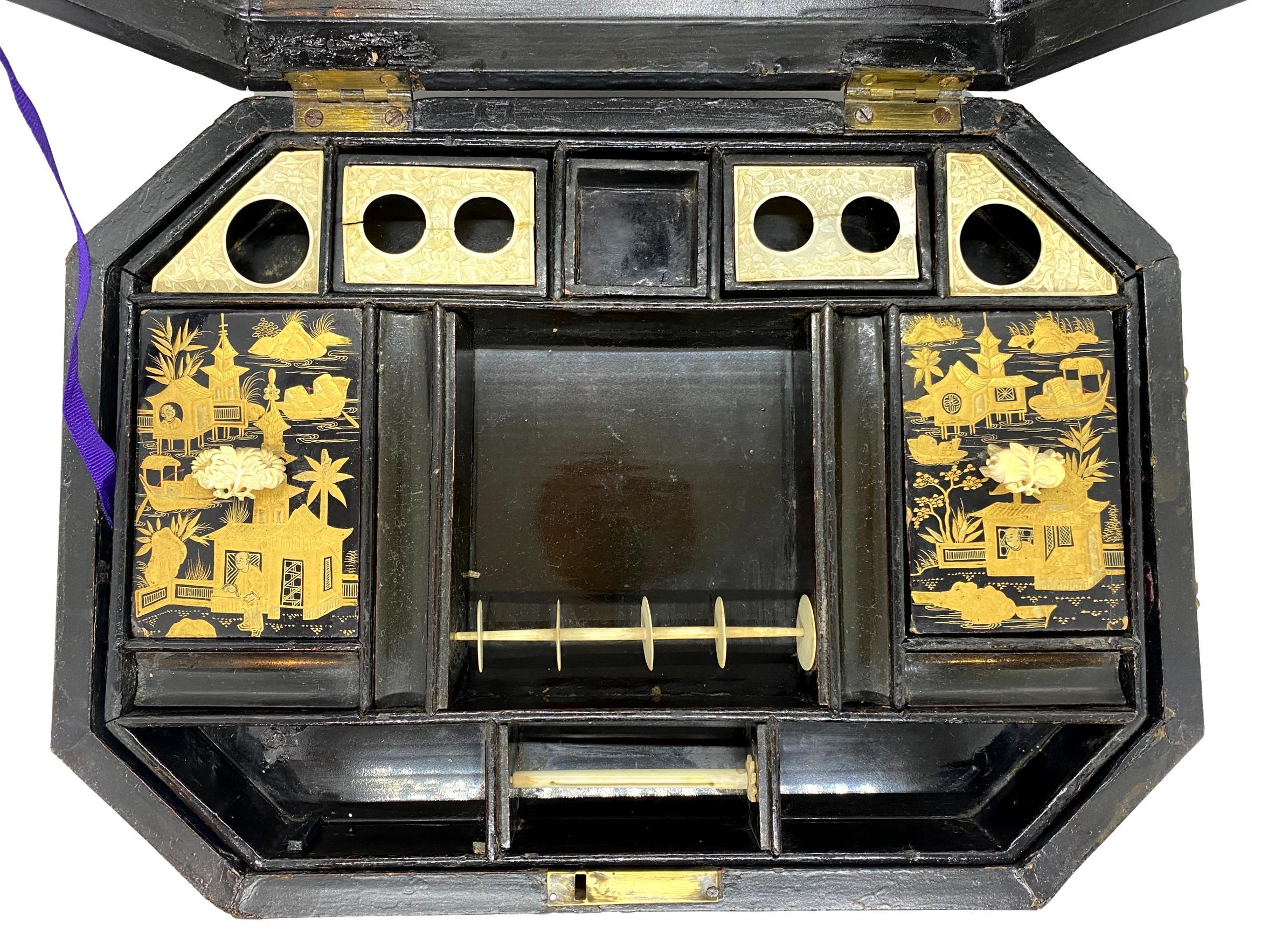 18th Century Chinoiserie Work Box with Fitted Interior, Black, Gold, Red-Lacquer 8