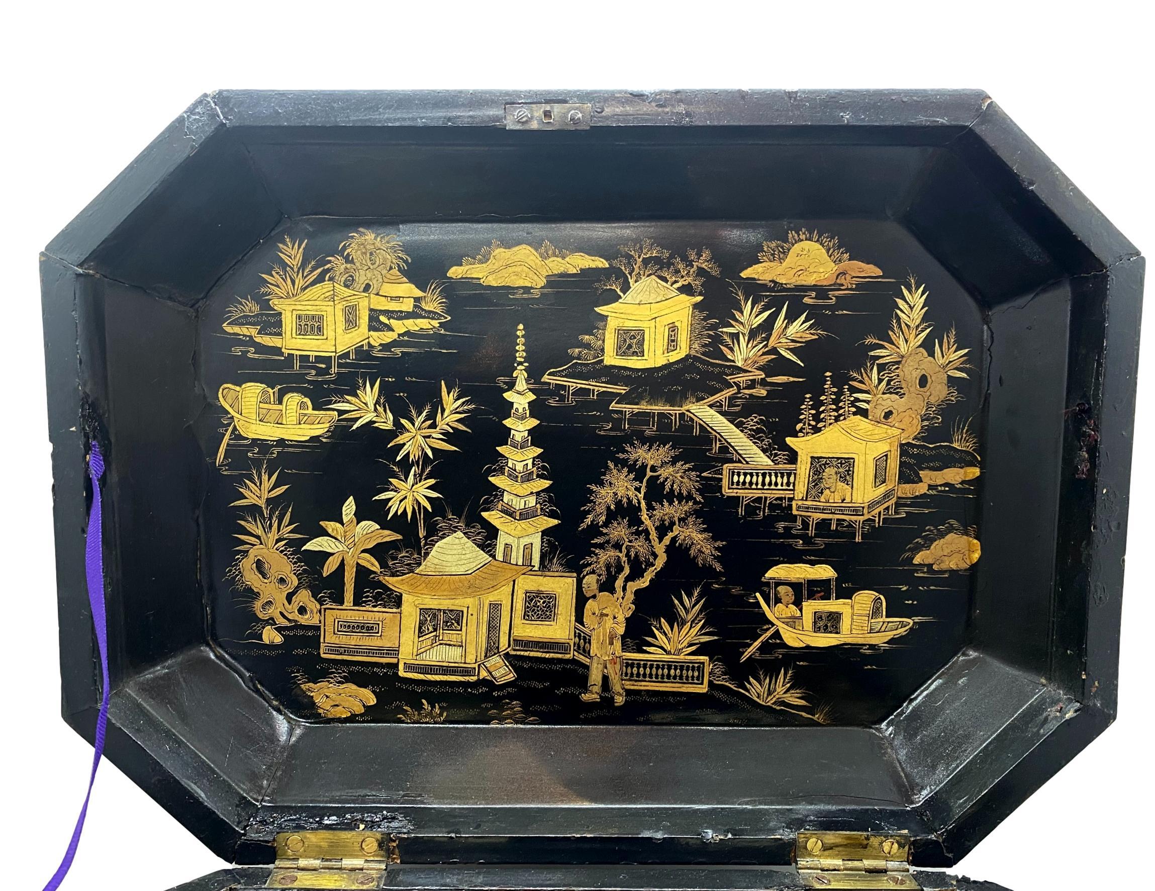 18th Century Chinoiserie Work Box with Fitted Interior, Black, Gold, Red-Lacquer 9