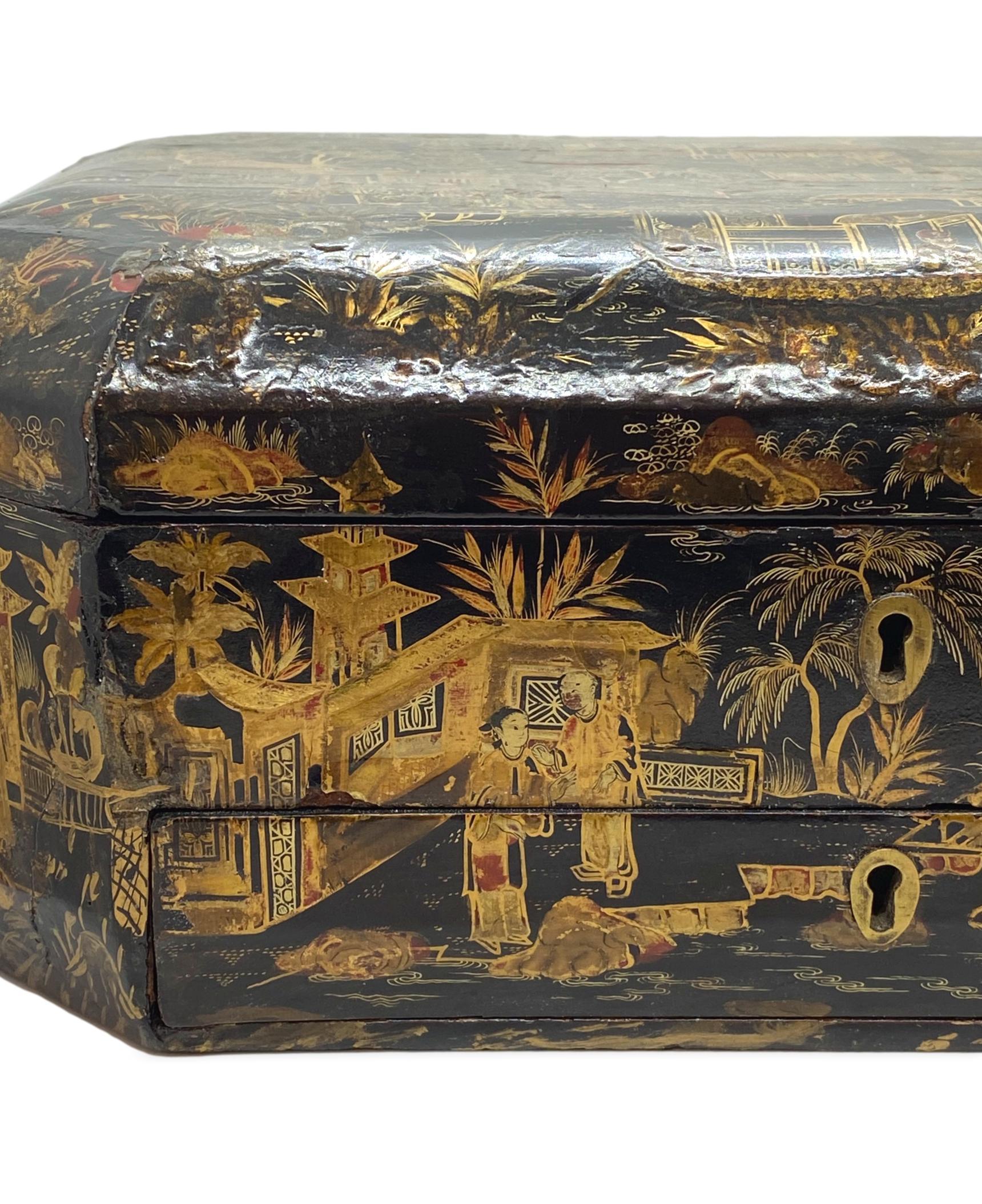 European 18th Century Chinoiserie Work Box with Fitted Interior, Black, Gold, Red-Lacquer