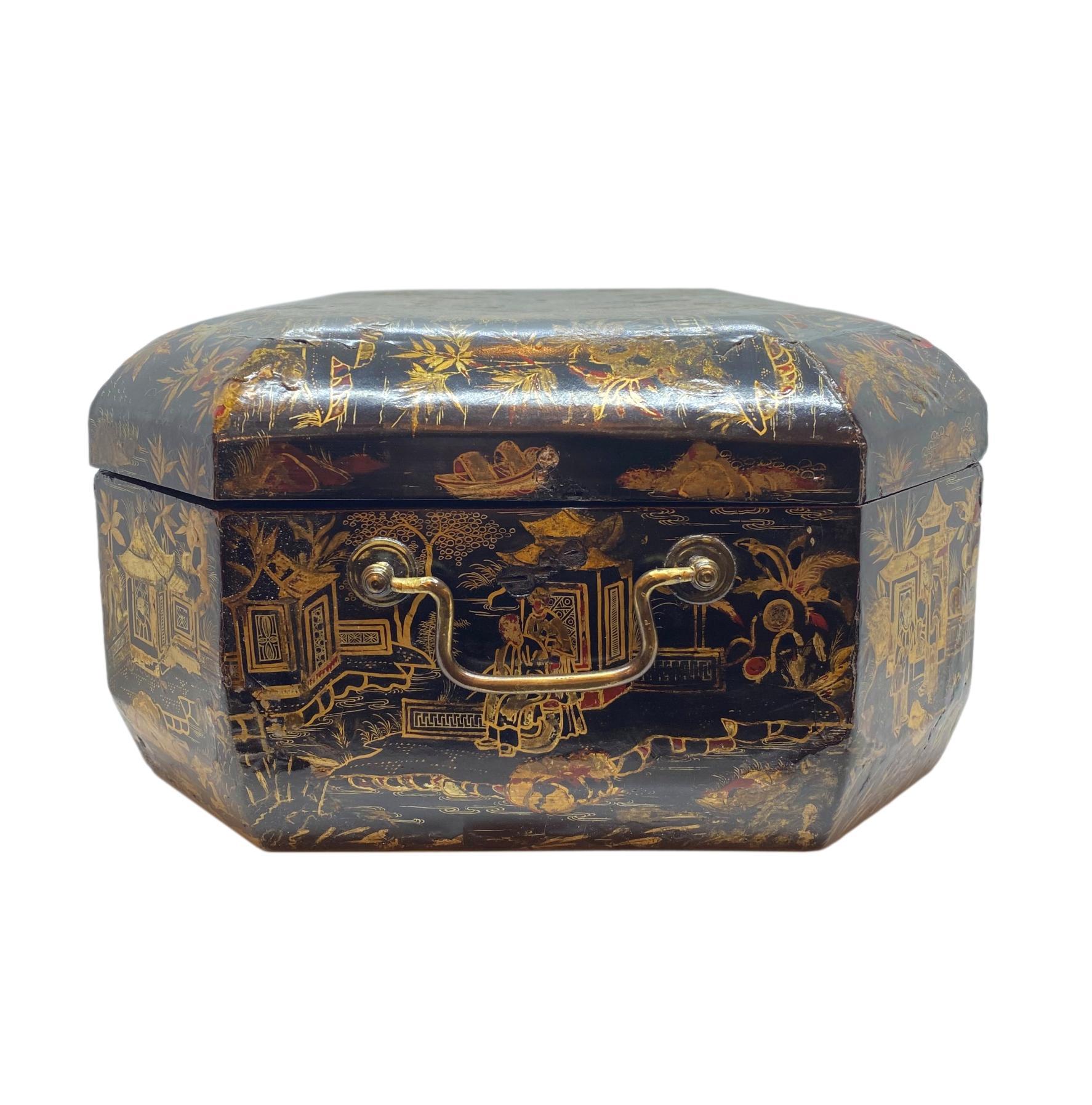 Hand-Crafted 18th Century Chinoiserie Work Box with Fitted Interior, Black, Gold, Red-Lacquer