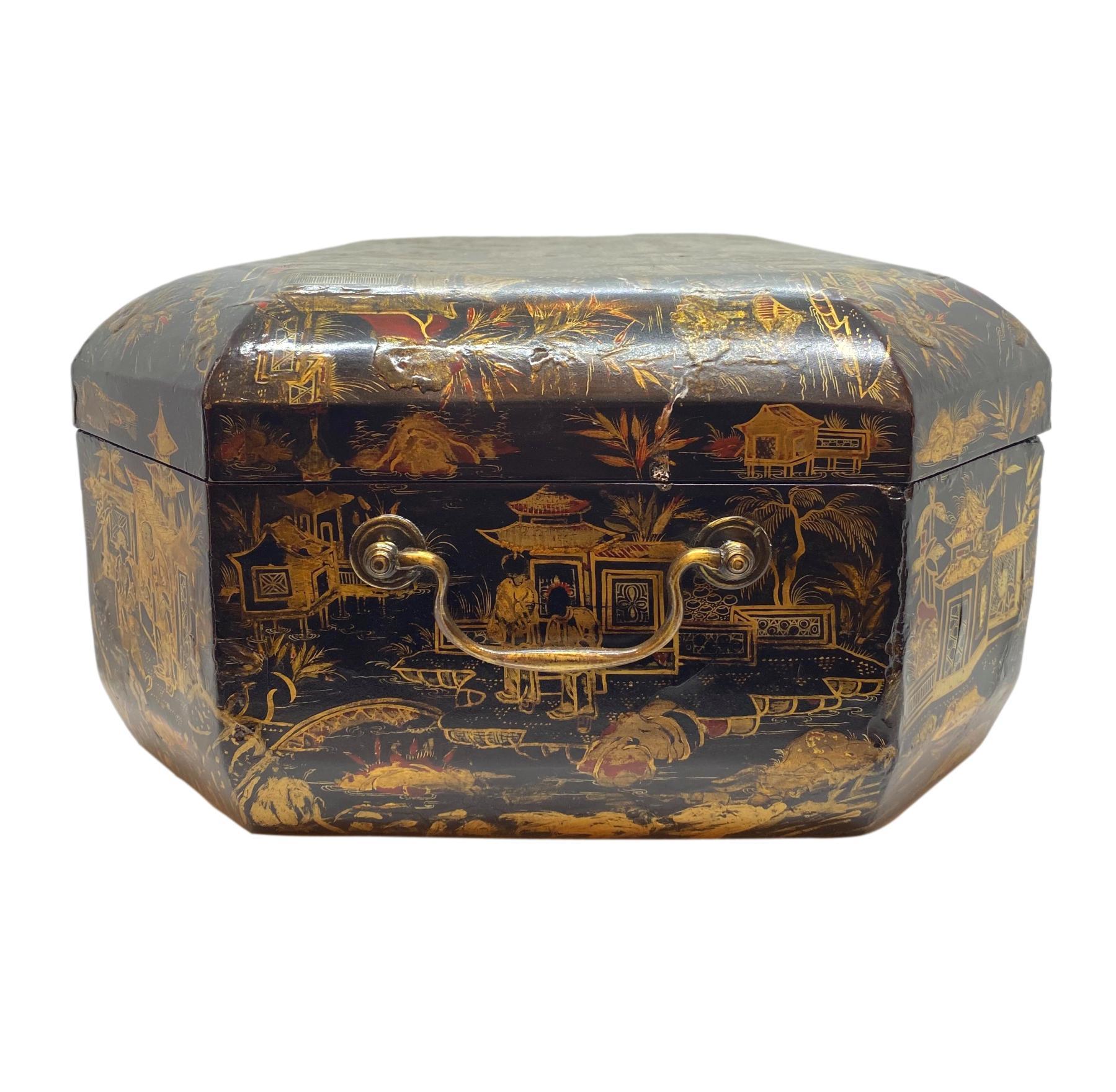 18th Century Chinoiserie Work Box with Fitted Interior, Black, Gold, Red-Lacquer In Good Condition In Banner Elk, NC