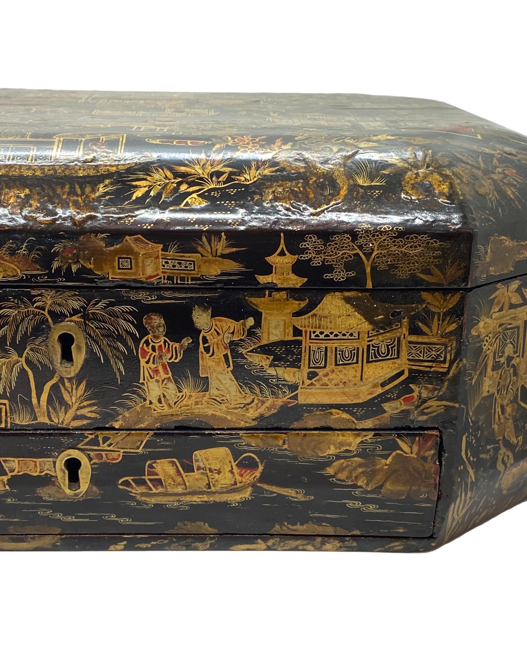 18th Century and Earlier 18th Century Chinoiserie Work Box with Fitted Interior, Black, Gold, Red-Lacquer