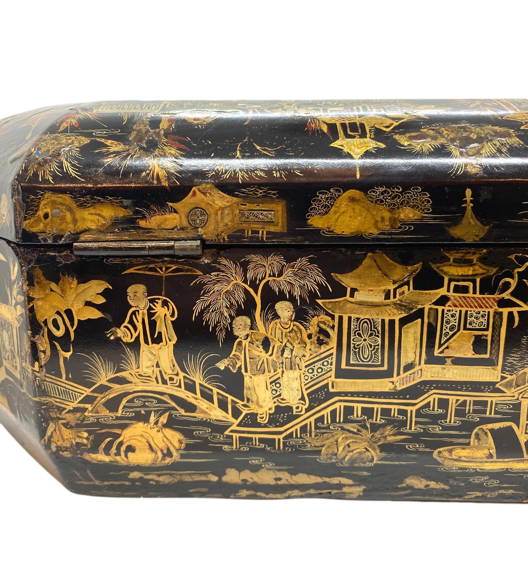 18th Century Chinoiserie Work Box with Fitted Interior, Black, Gold, Red-Lacquer 1