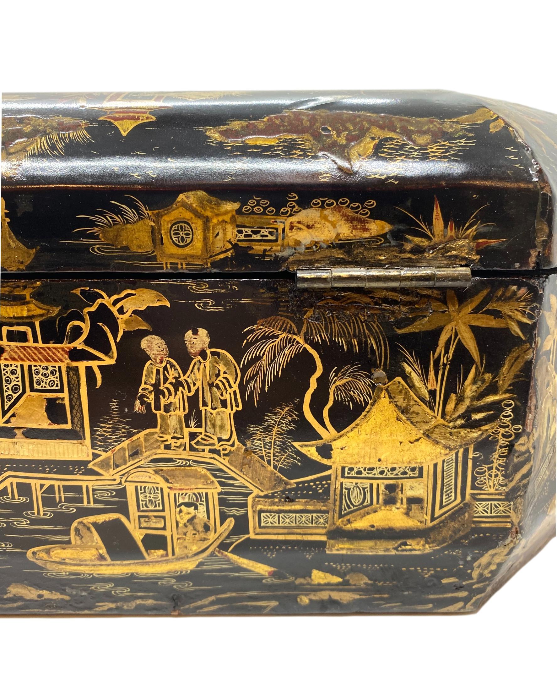 18th Century Chinoiserie Work Box with Fitted Interior, Black, Gold, Red-Lacquer 2