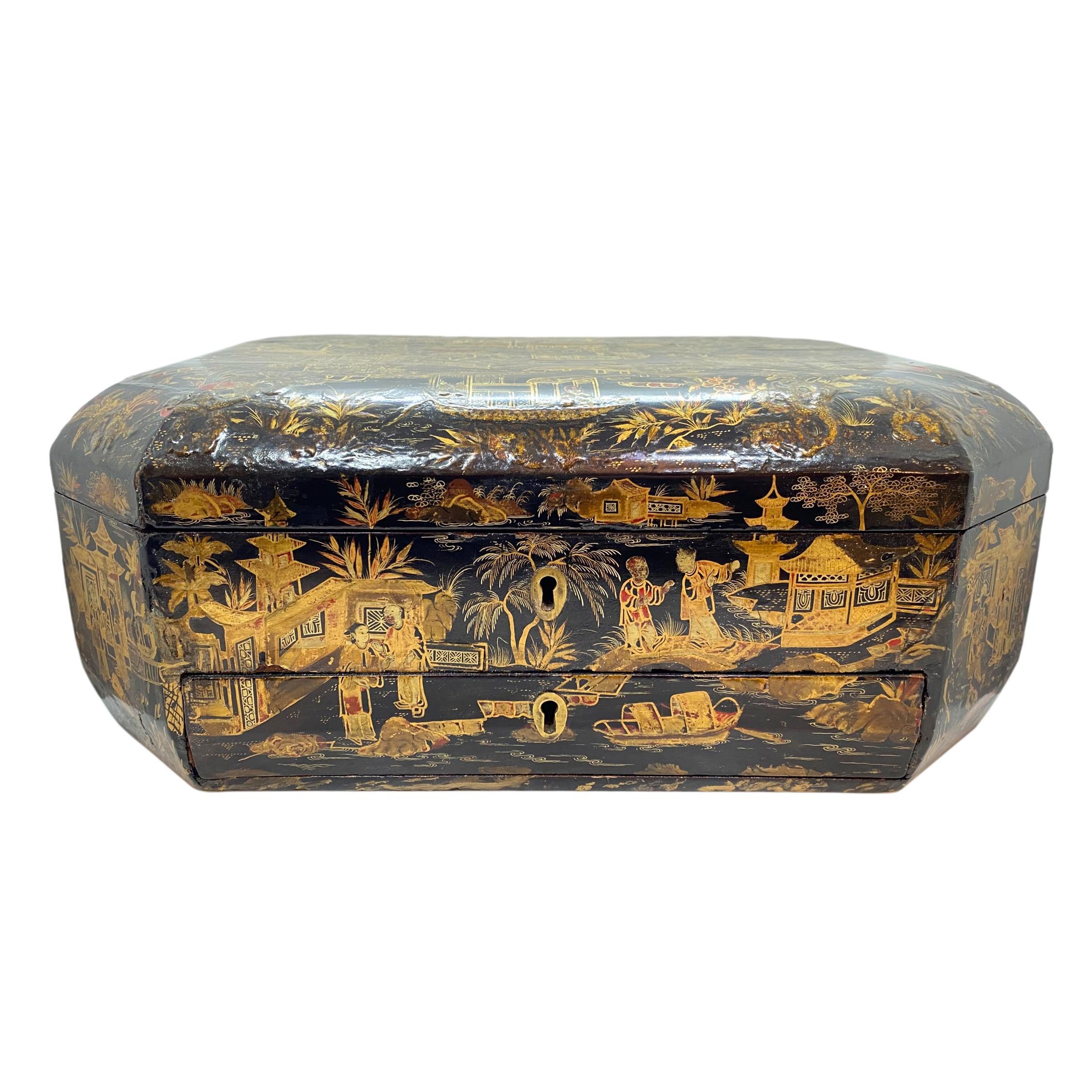 18th Century Chinoiserie Work Box with Fitted Interior, Black, Gold, Red-Lacquer