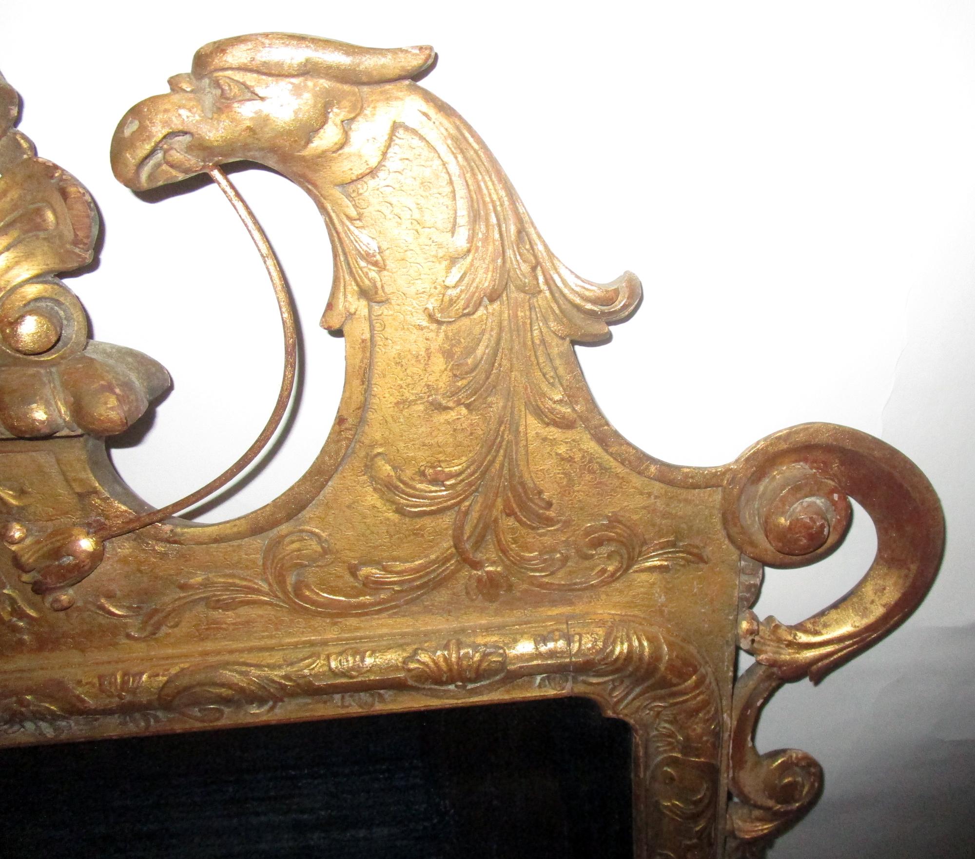 Hardwood Georgian 18th Century Chippendale Giltwood Mirror with Carved Double Phoenix For Sale