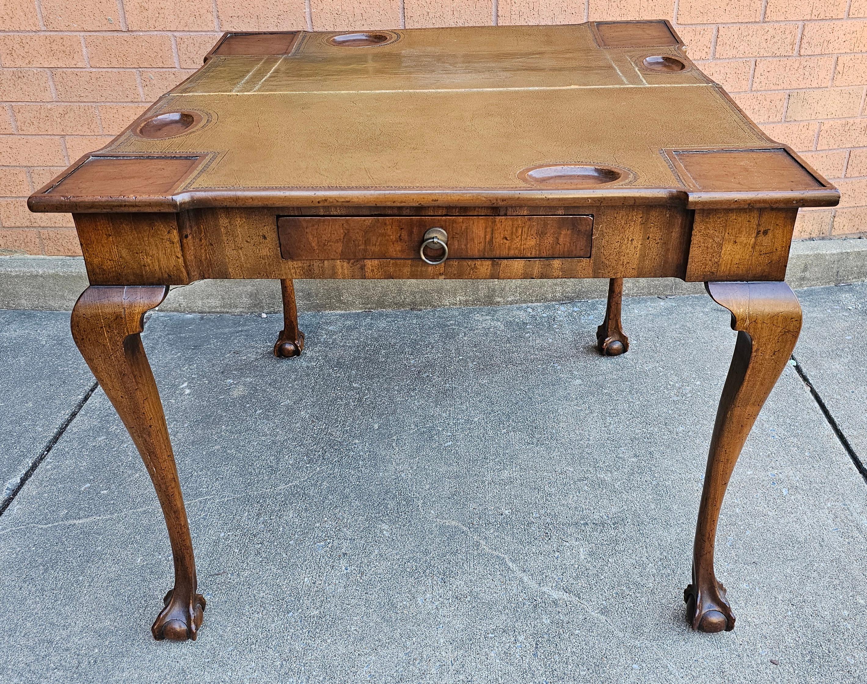 18th Century Chippendale Mahogany and Tooled Leather Fold Top Games Table   For Sale 3