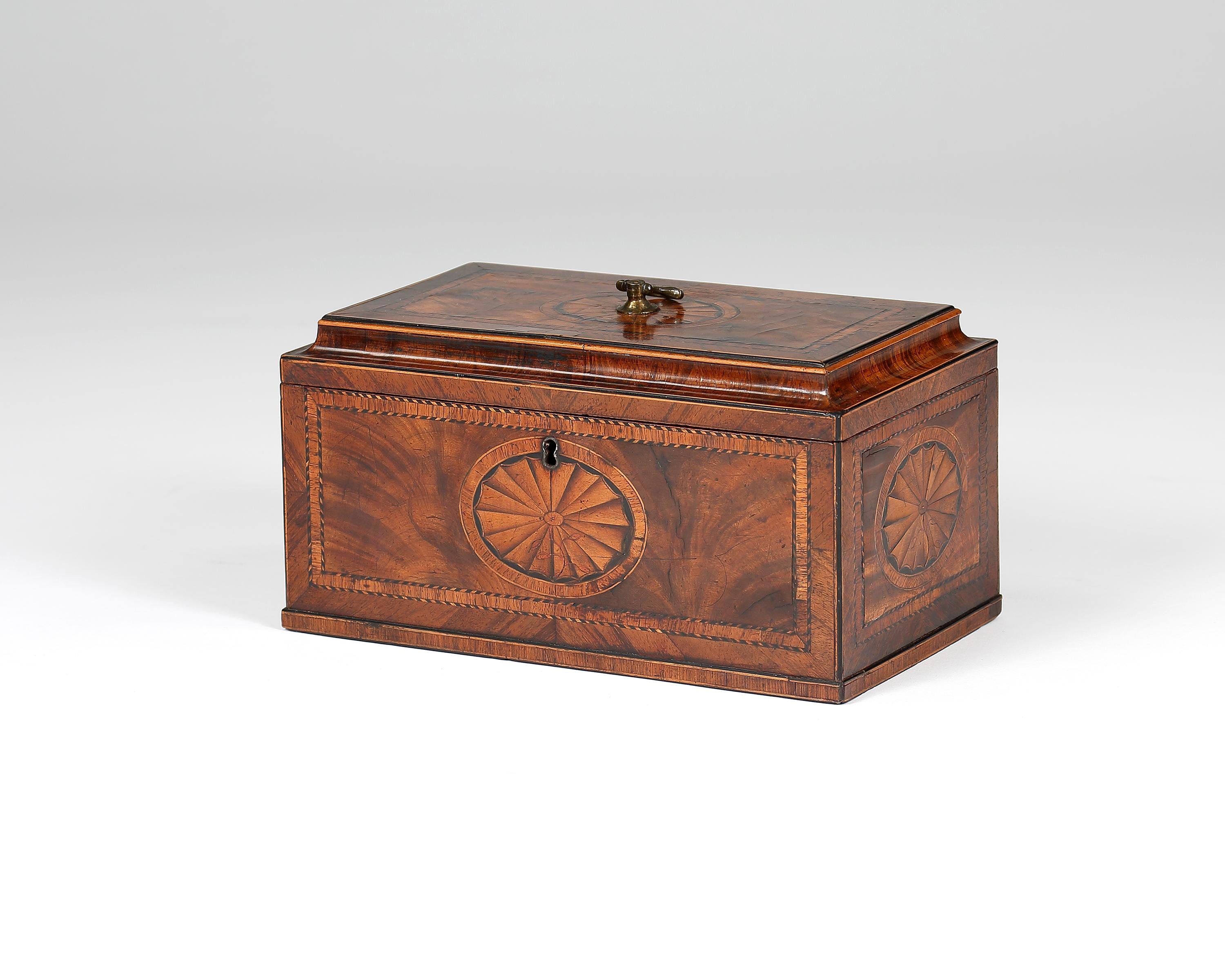 An exceptional inlaid tea caddy or tea chest with fine veneers of Kingwood, padouk, tulip, mahogany, box, ebony, sycamore and fruitwood. Attributed to Thomas Chippendale and beautifully orchestrated together with exquisite detail including a design