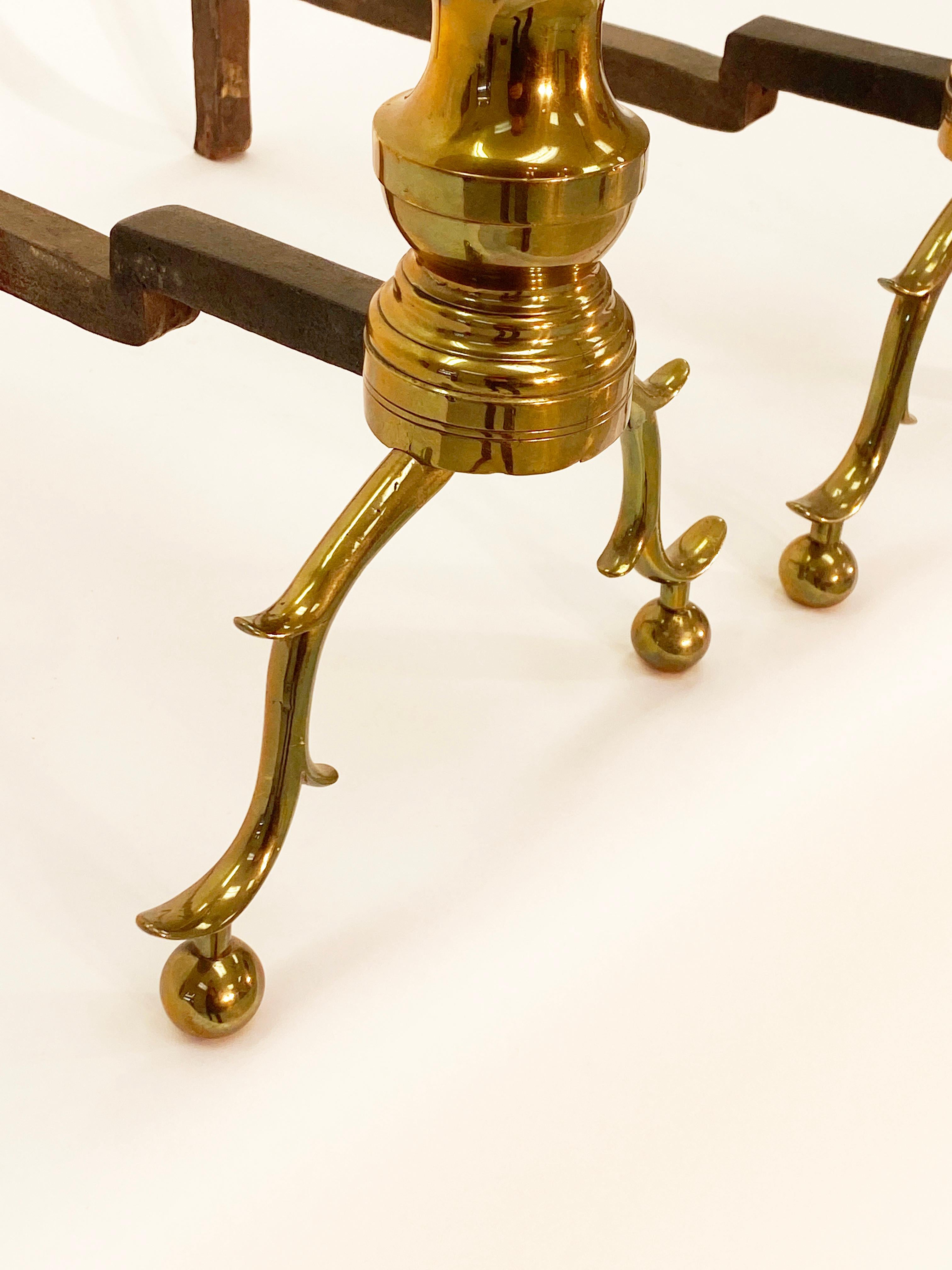 American 18th Century Chippendale Style Brass Andirons
