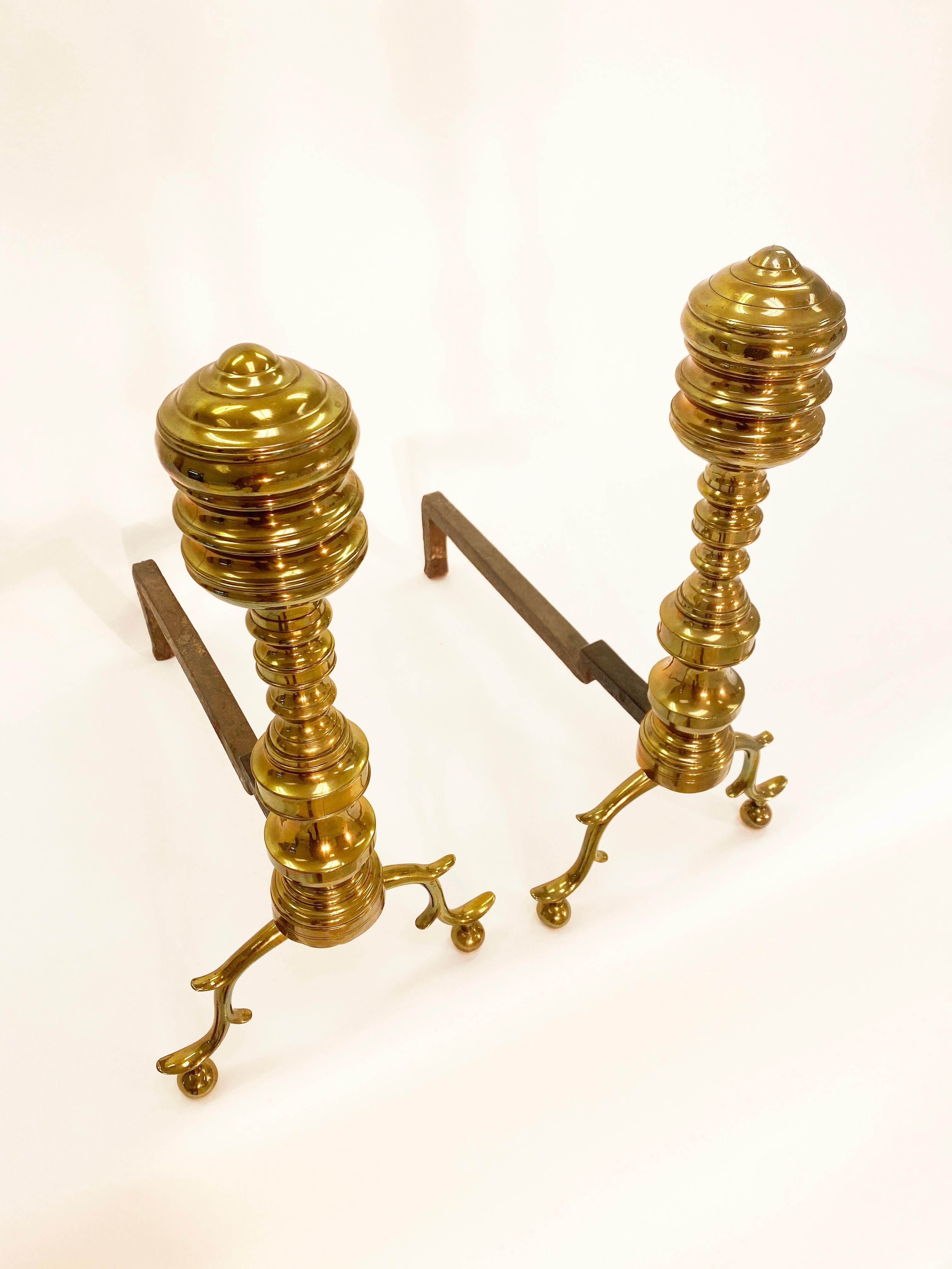 Early 19th Century 18th Century Chippendale Style Brass Andirons