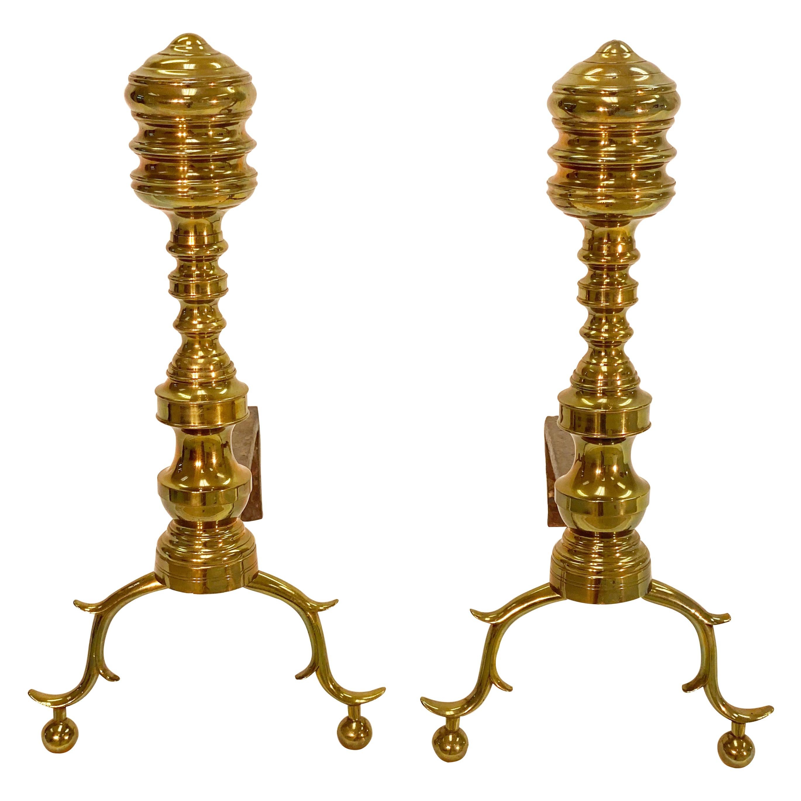 18th Century Chippendale Style Brass Andirons