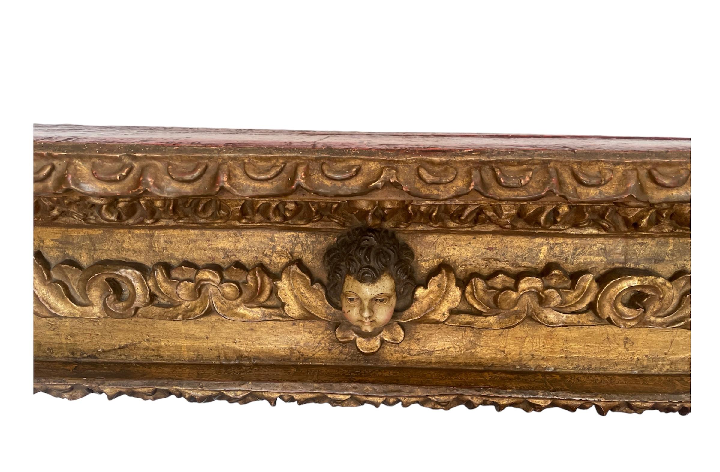 American Colonial 18th Century Church Stand Gilded Carved Wood Acanthus and Cherub For Sale