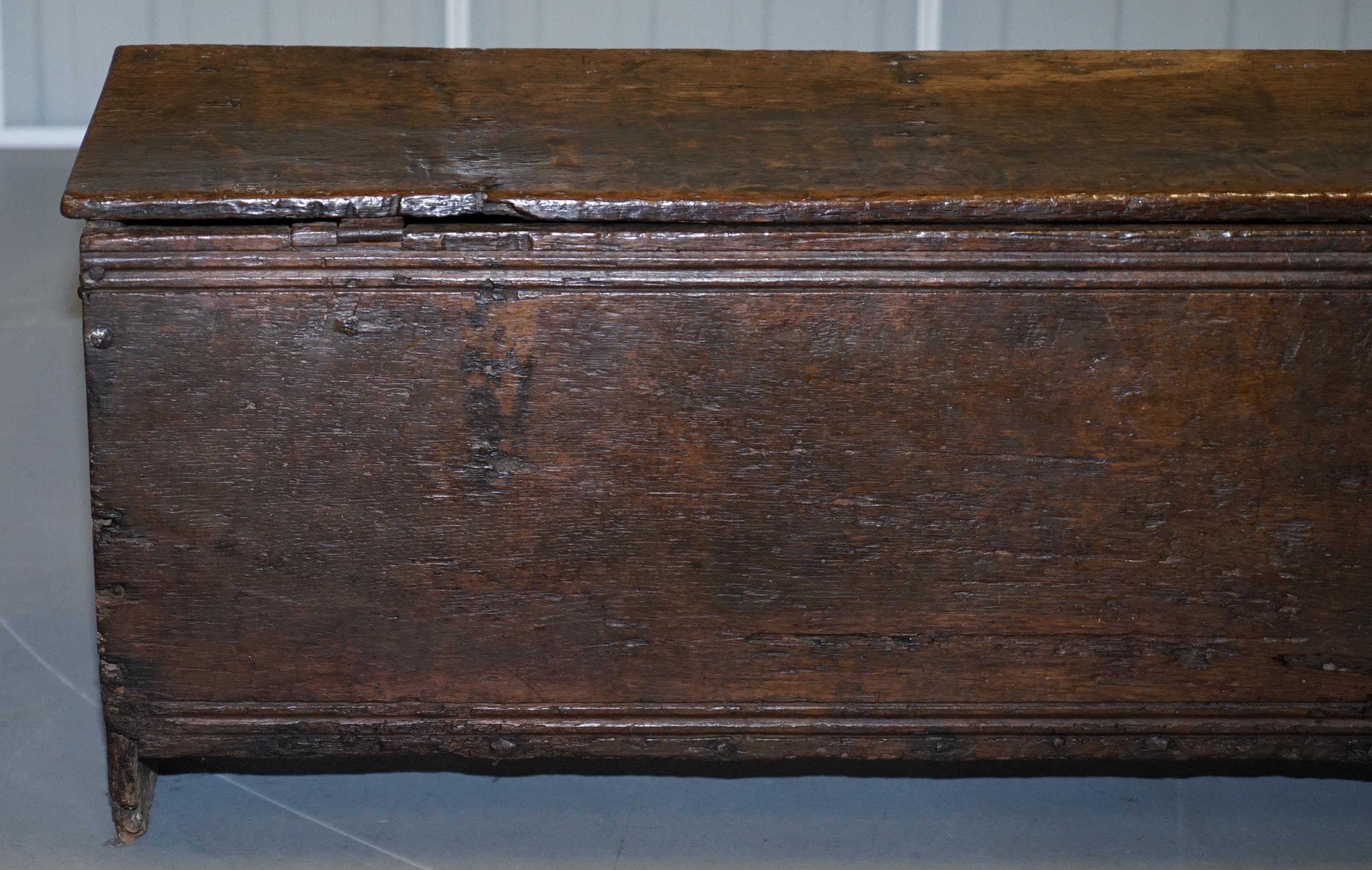 18th Century circa 1720 Solid Oak Six Plank Coffer Trunk Chest Thick Iron Handle 5