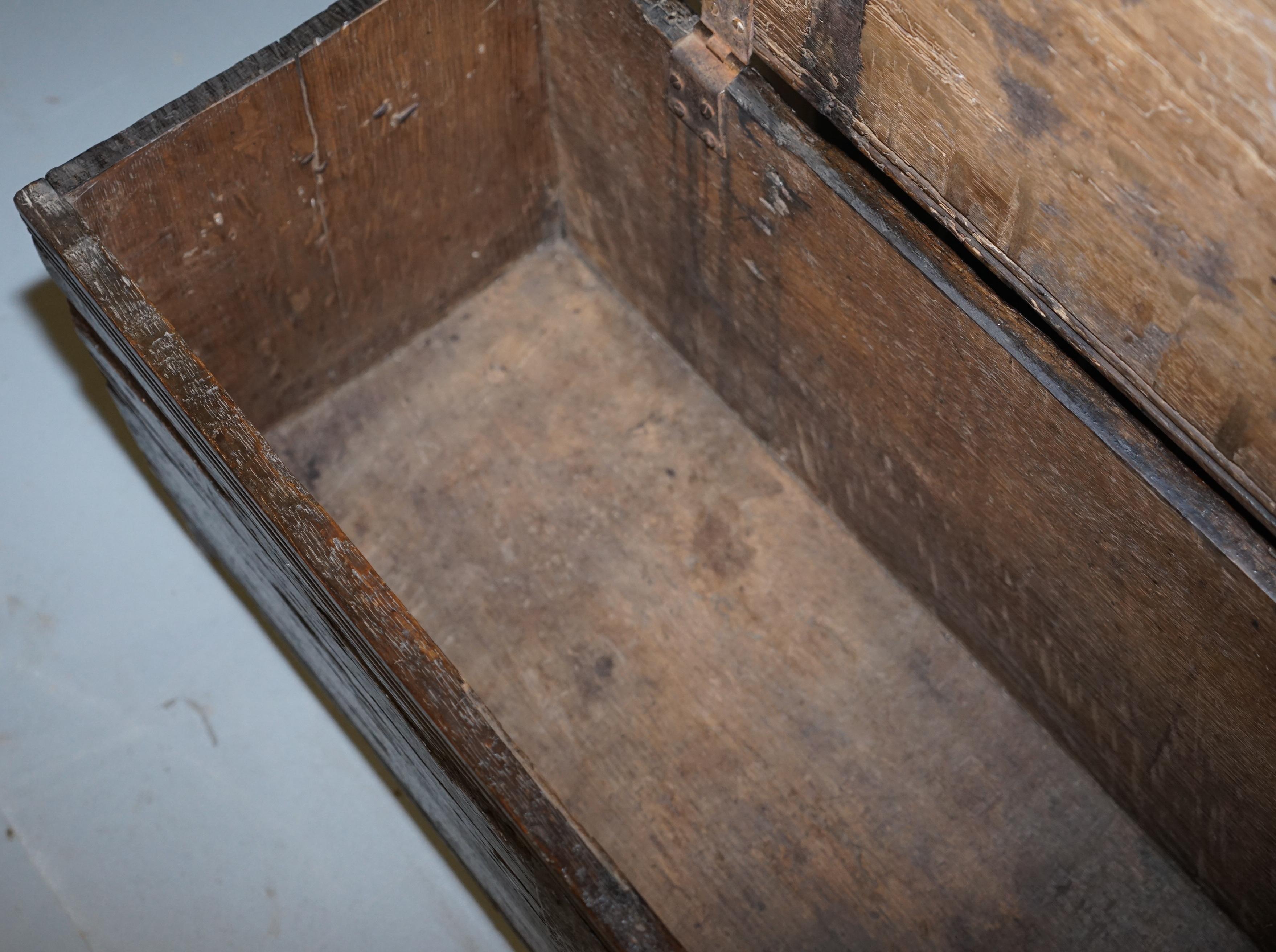 18th Century circa 1720 Solid Oak Six Plank Coffer Trunk Chest Thick Iron Handle 11
