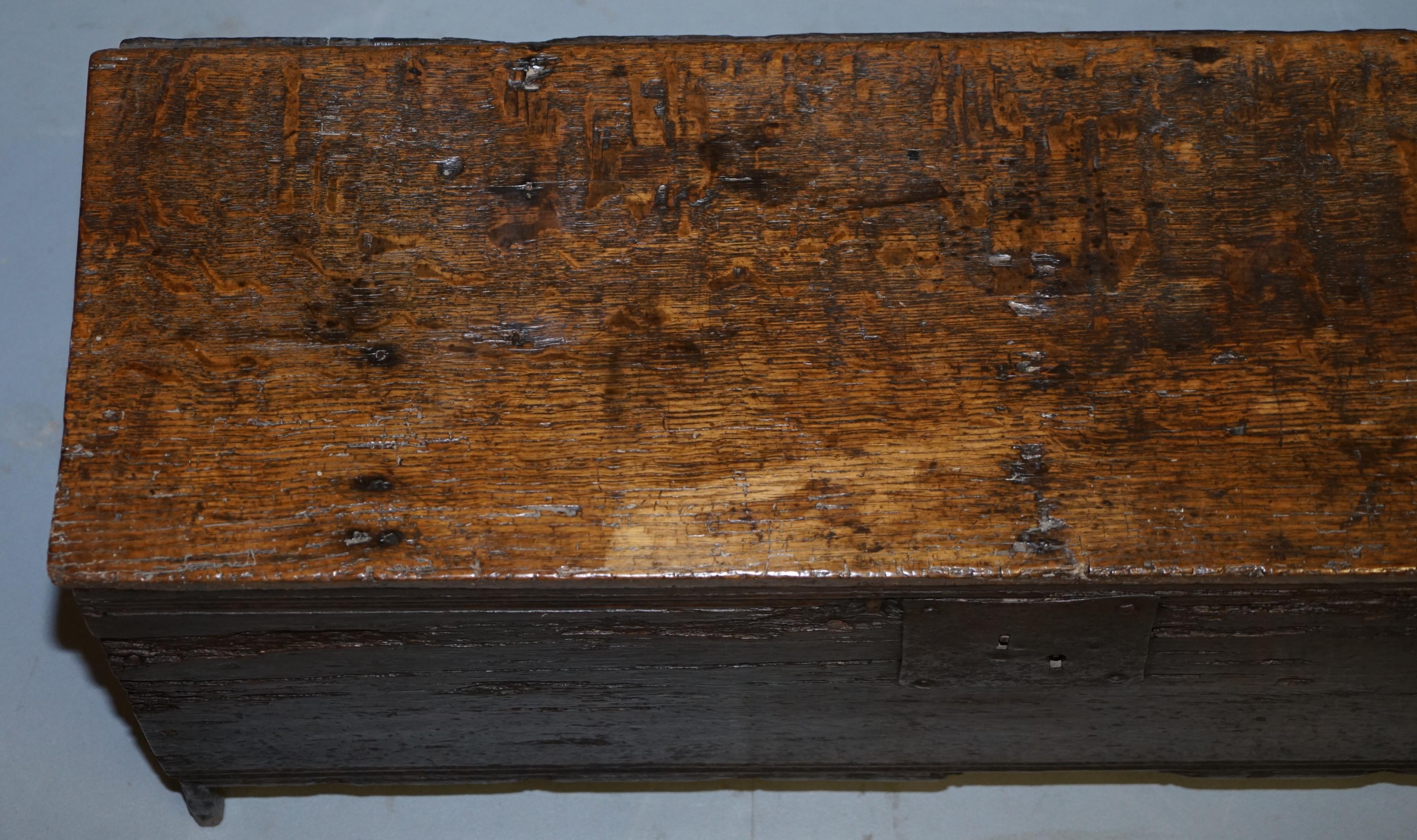 George I 18th Century circa 1720 Solid Oak Six Plank Coffer Trunk Chest Thick Iron Handle