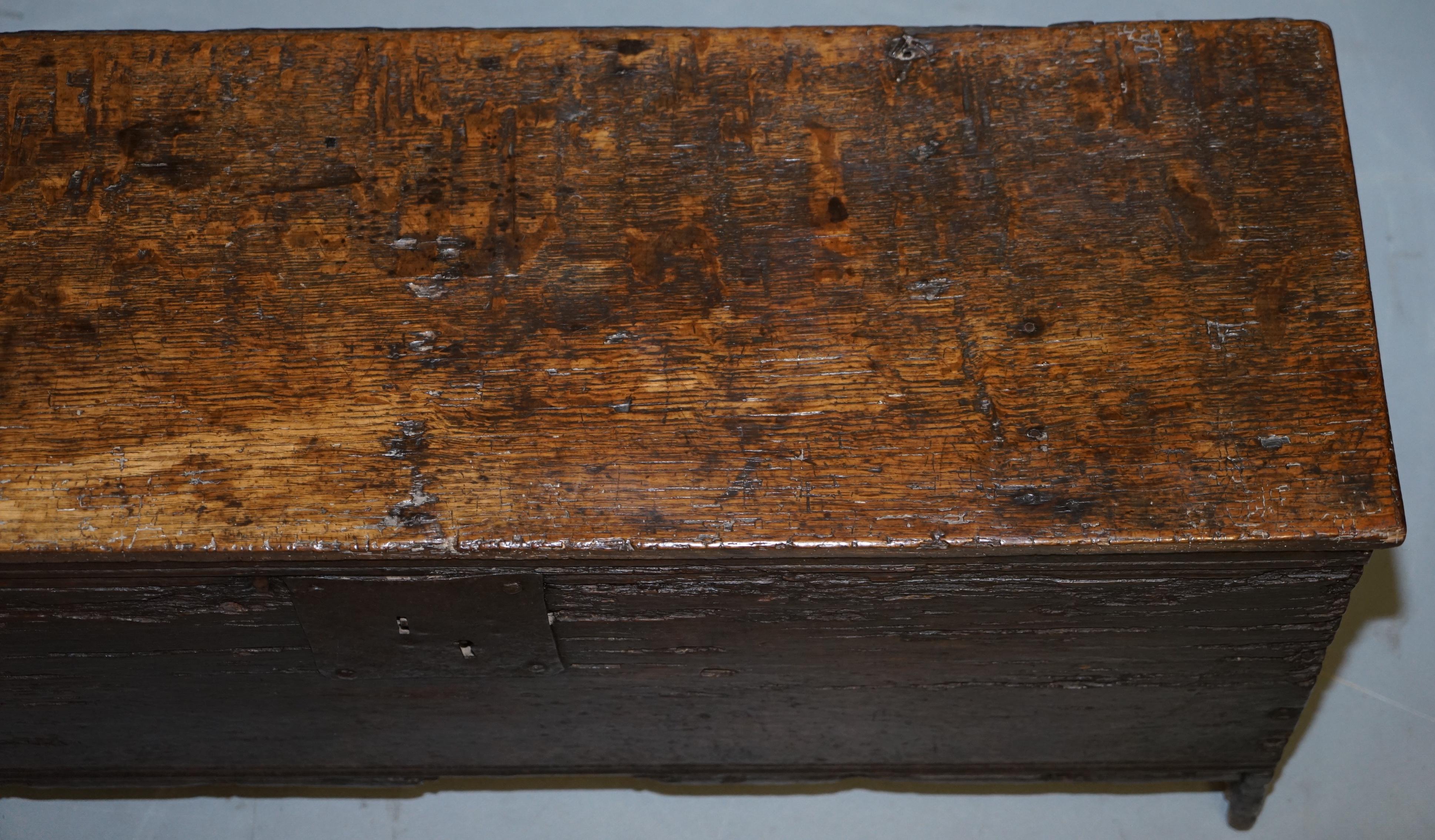 English 18th Century circa 1720 Solid Oak Six Plank Coffer Trunk Chest Thick Iron Handle