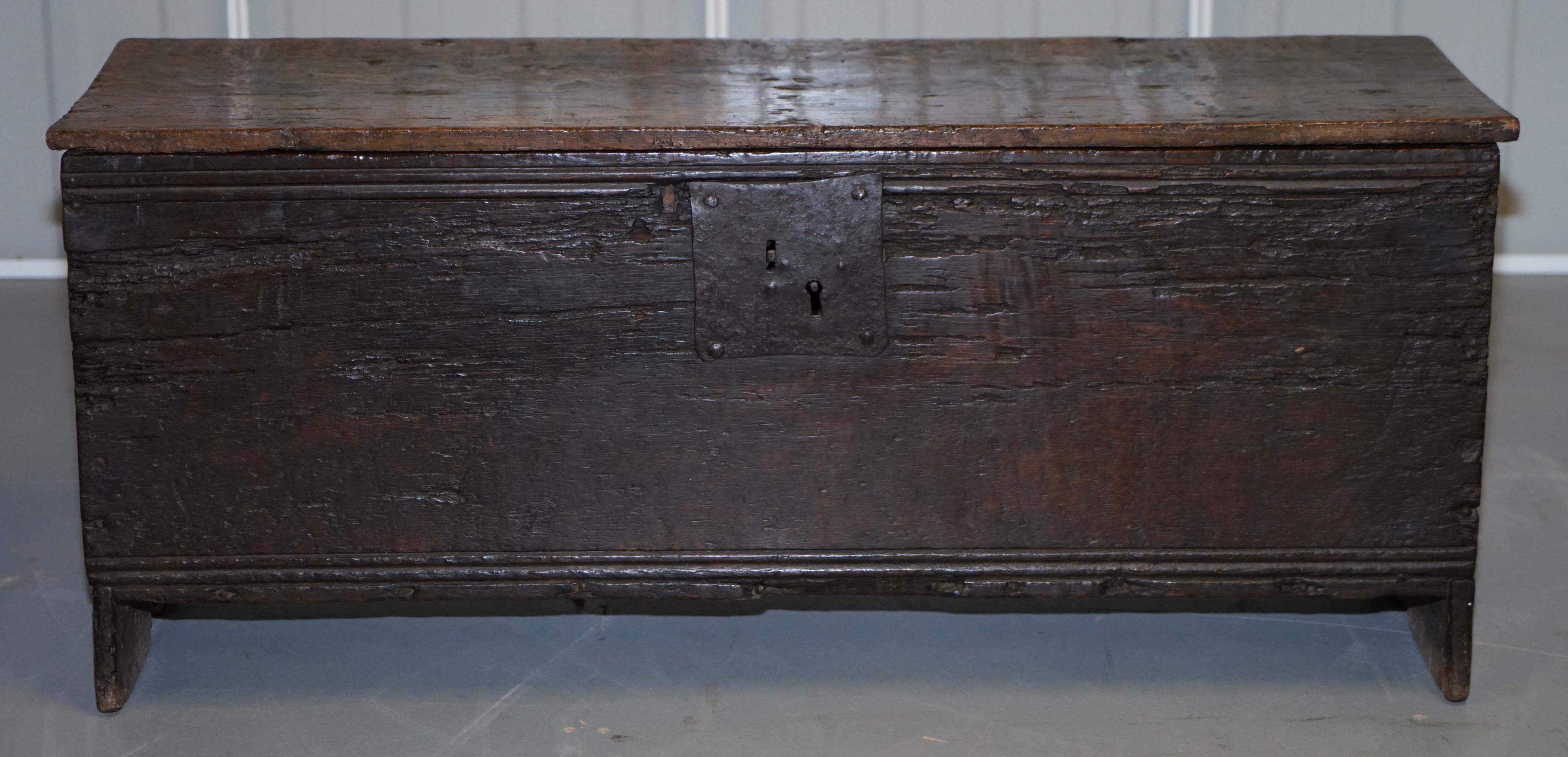 Hand-Crafted 18th Century circa 1720 Solid Oak Six Plank Coffer Trunk Chest Thick Iron Handle