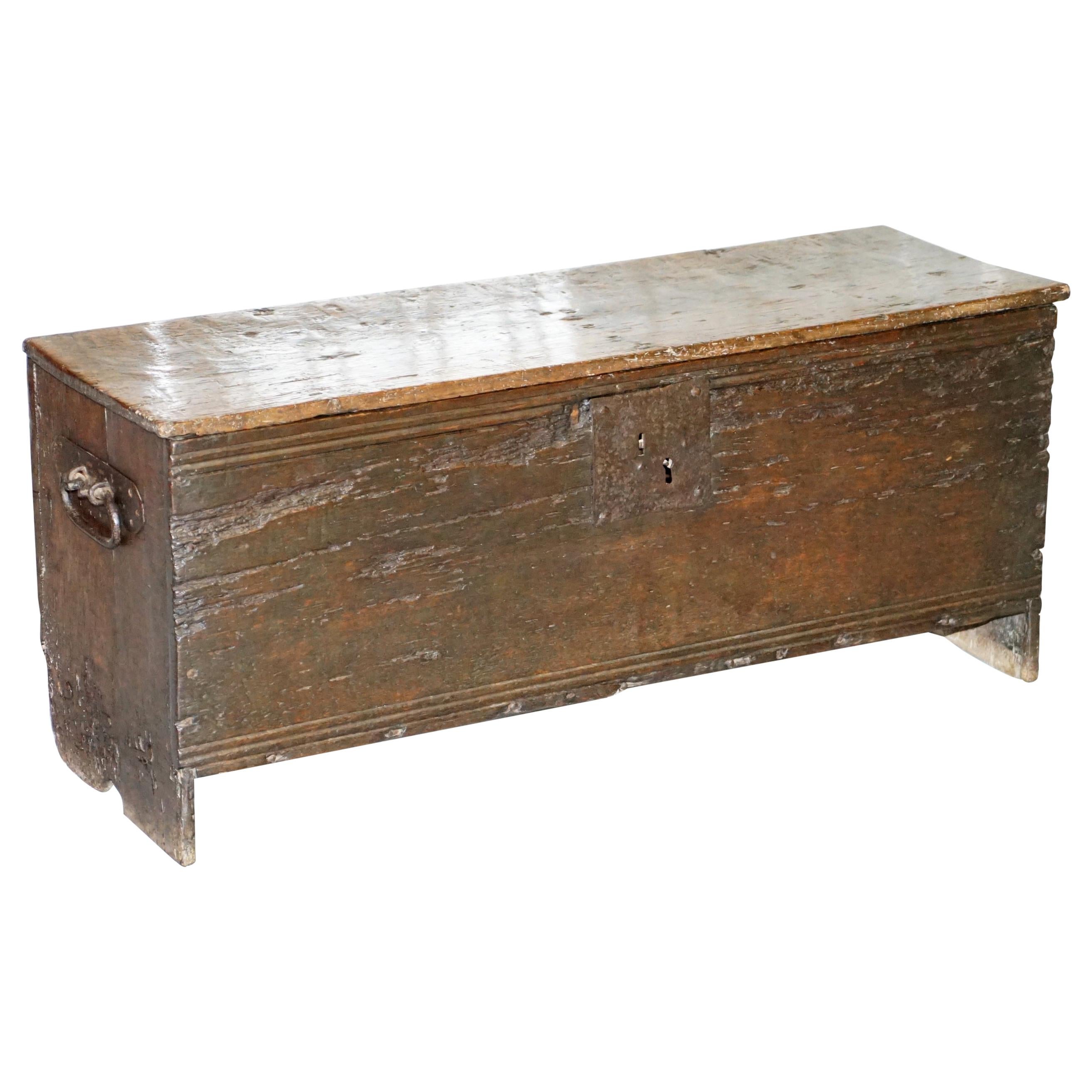 18th Century circa 1720 Solid Oak Six Plank Coffer Trunk Chest Thick Iron Handle
