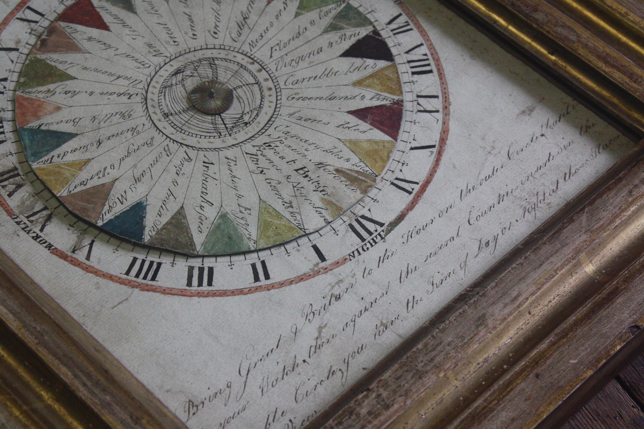 18th Century circa 1730 Watercolor Volvelle the Geographical Clock Gilt Frame In Good Condition In Lowestoft, GB