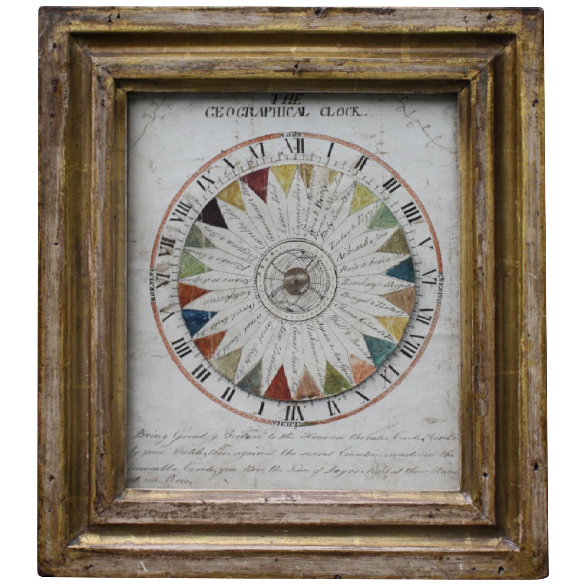 18th Century circa 1730 Watercolor Volvelle the Geographical Clock Gilt Frame