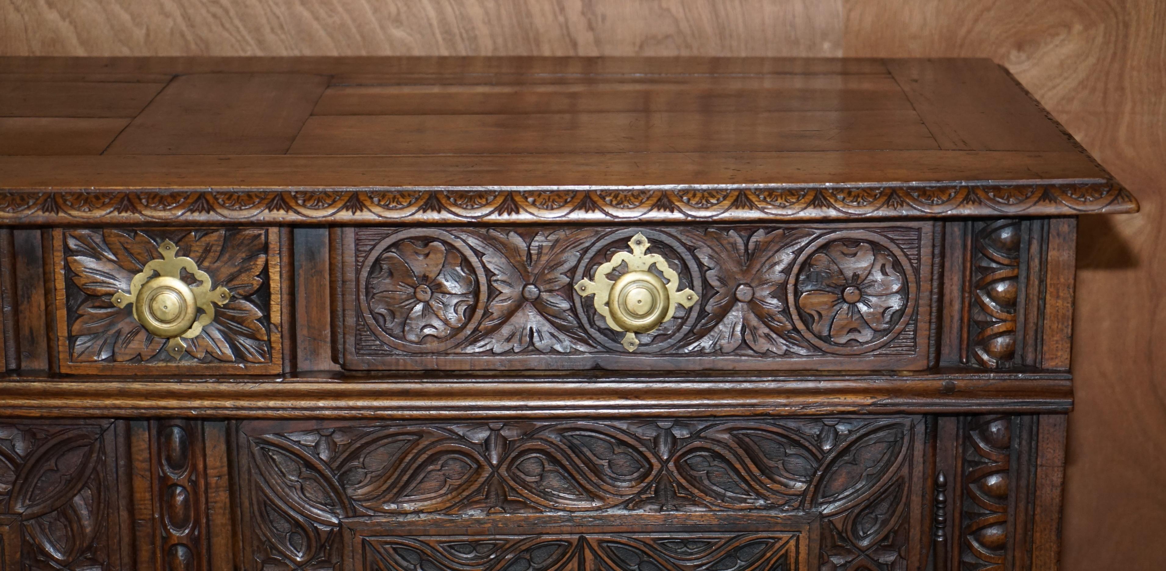 Hand-Crafted 18th Century Circa 1740 Hand Carved Oak Sideboard with Military Campaign Scenes