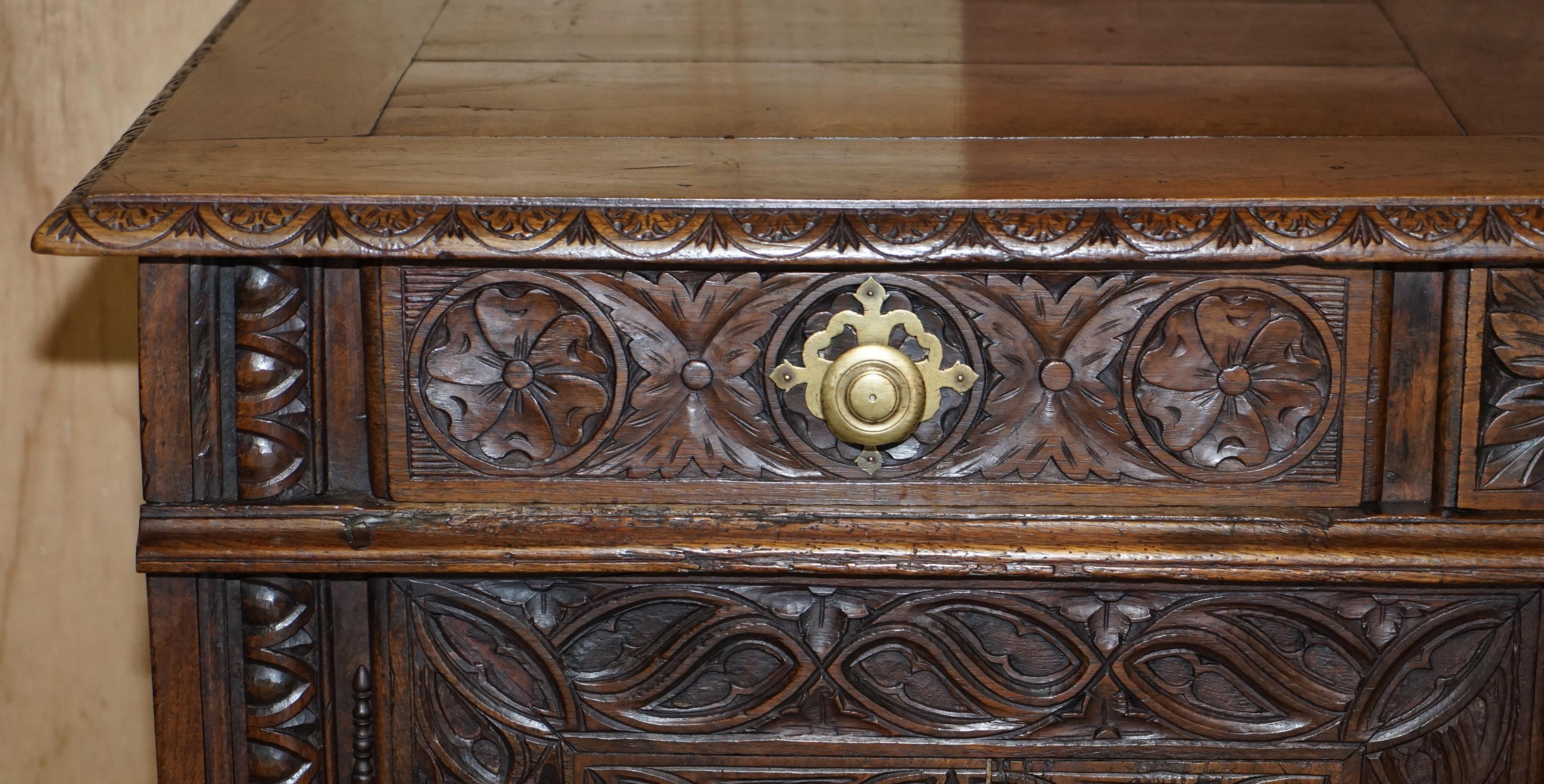 18th Century Circa 1740 Hand Carved Oak Sideboard with Military Campaign Scenes 1