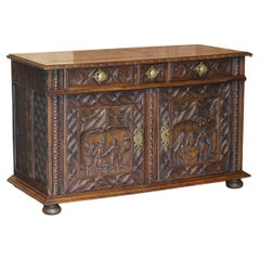 Antique 18th Century Circa 1740 Hand Carved Oak Sideboard with Military Campaign Scenes