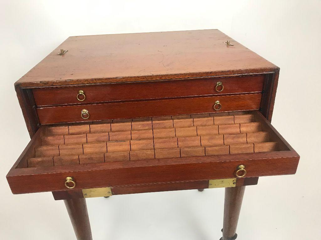 
Extremely rare and beautiful piece of 18th century English Campaign furniture. Designed with 3 fitted drawers having fitted interiors to hold the pay for the soldiers. Included are two different working keys, the theory being it took two people to