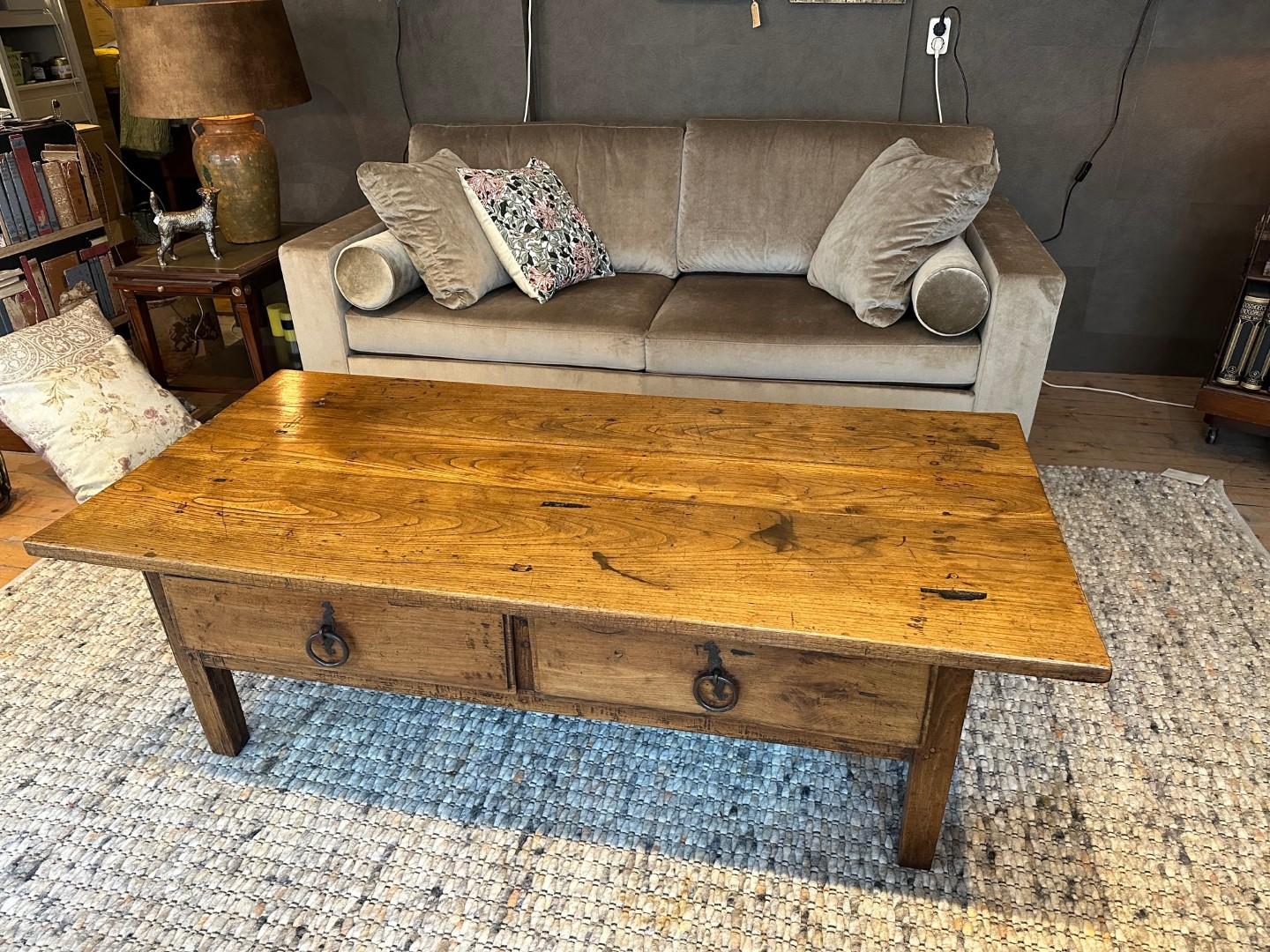 Sturdy antique Spanish salo table made of chestnut wood with 2 drawers. In perfect condition. Beautiful patina.

Origin: Spain
Period: Approx. 1800
Size: 158cm x 74cm x h.48cm