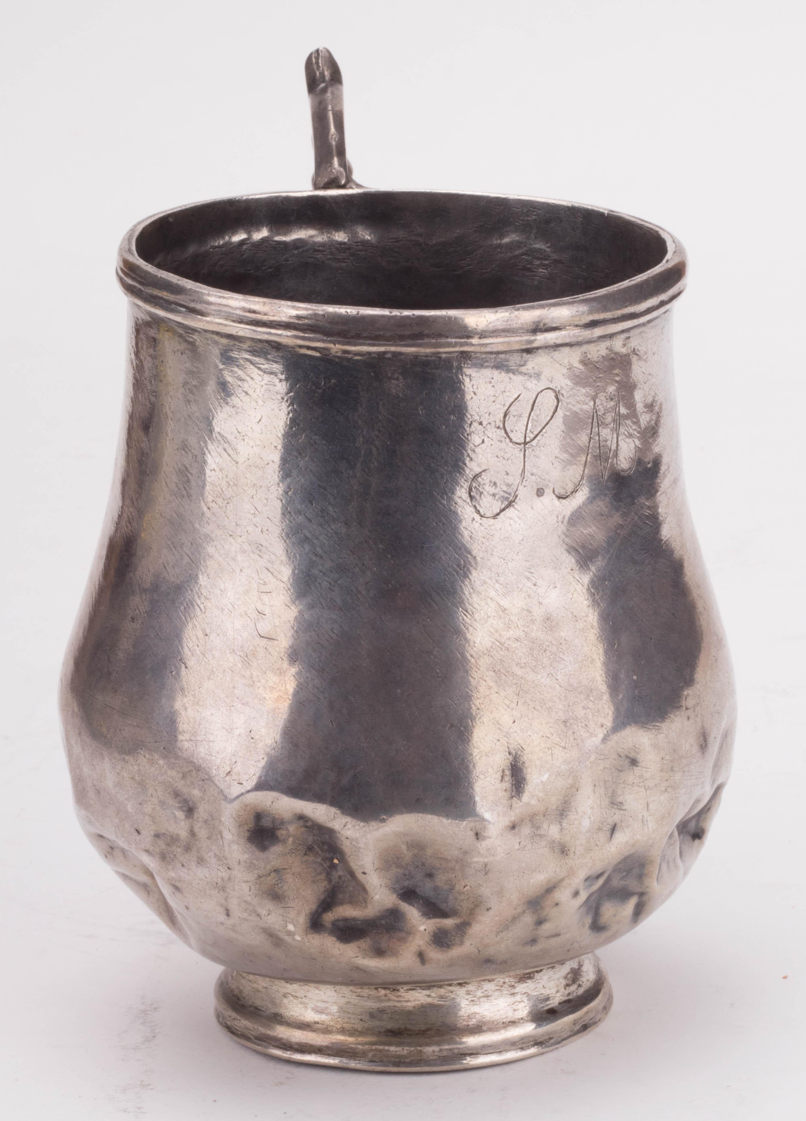 Peruvian 18th Century Colonial Silver Dented Jug with Engraved Initials