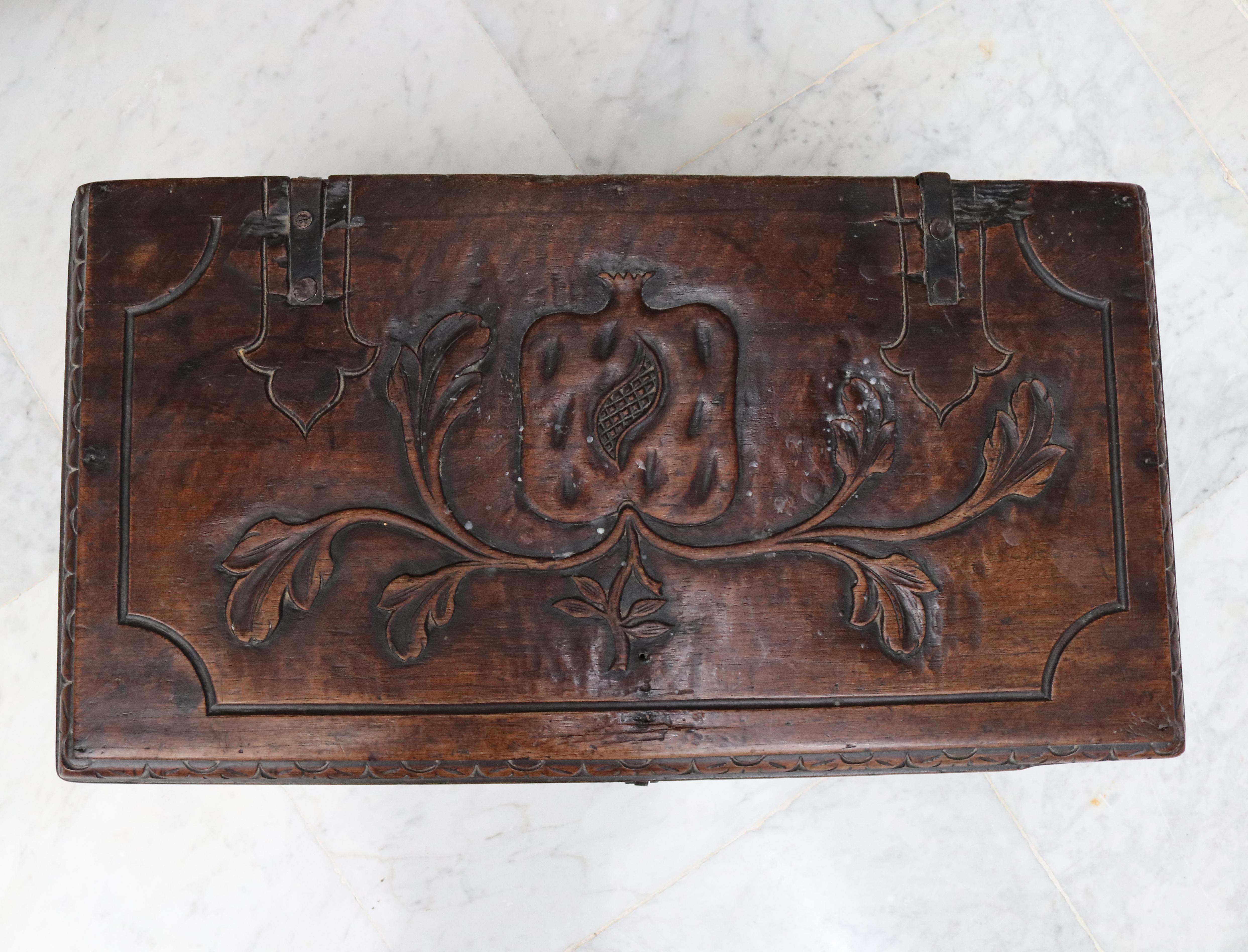 18th Century Colonial Wooden Chest with Relief Carvings and Iron Fittings For Sale 3
