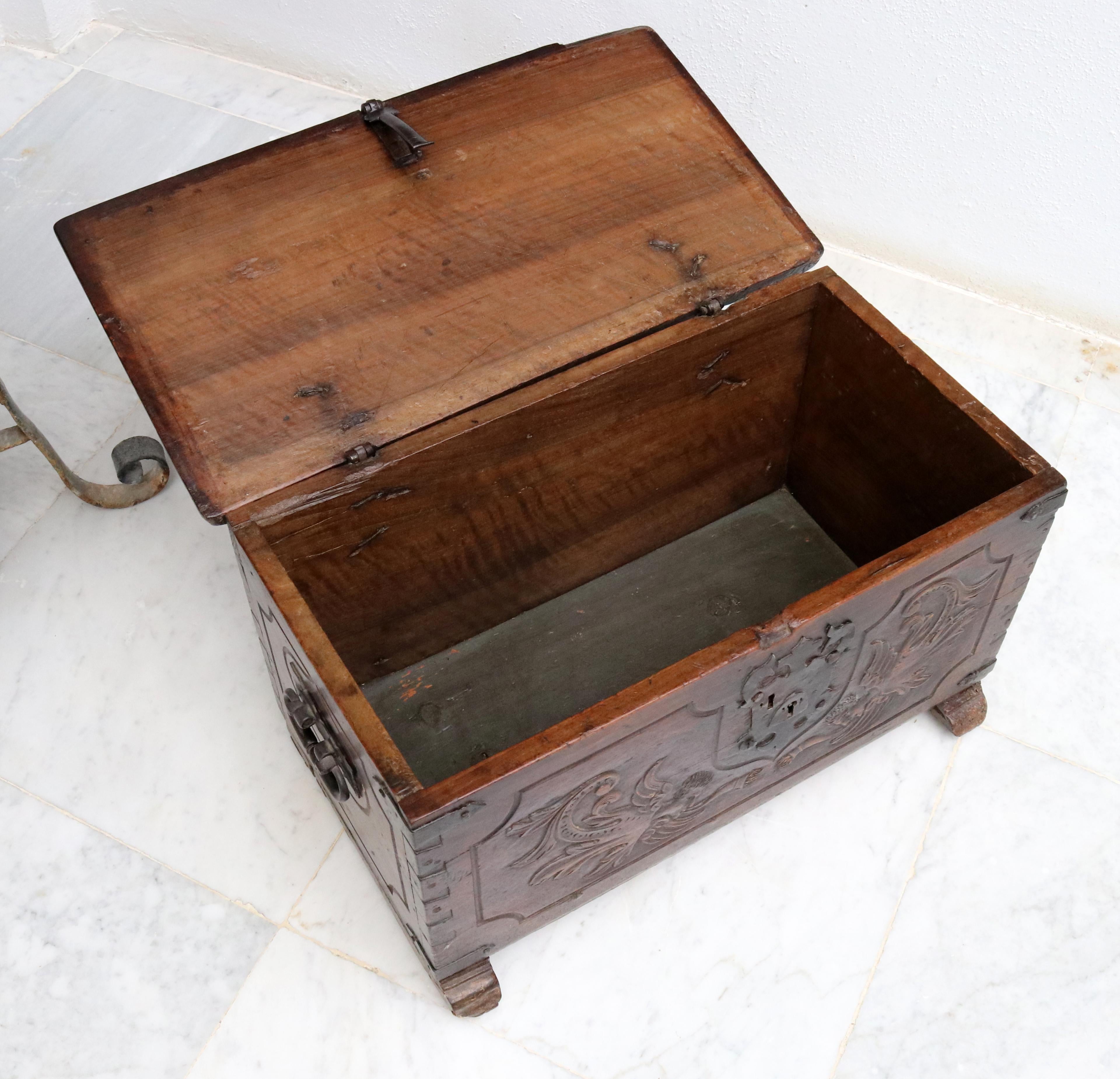 South American 18th Century Colonial Wooden Chest with Relief Carvings and Iron Fittings For Sale