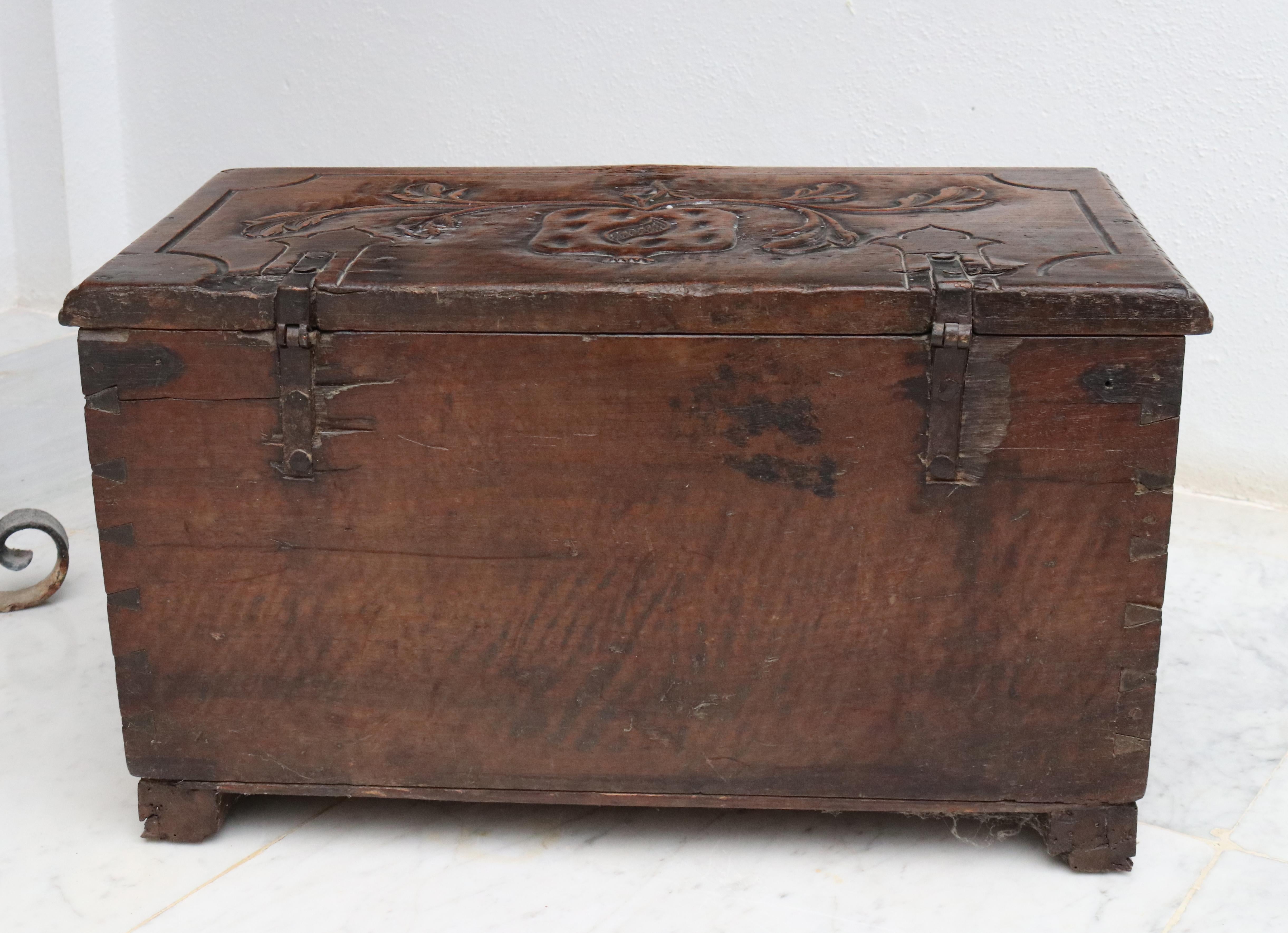 18th Century Colonial Wooden Chest with Relief Carvings and Iron Fittings For Sale 1