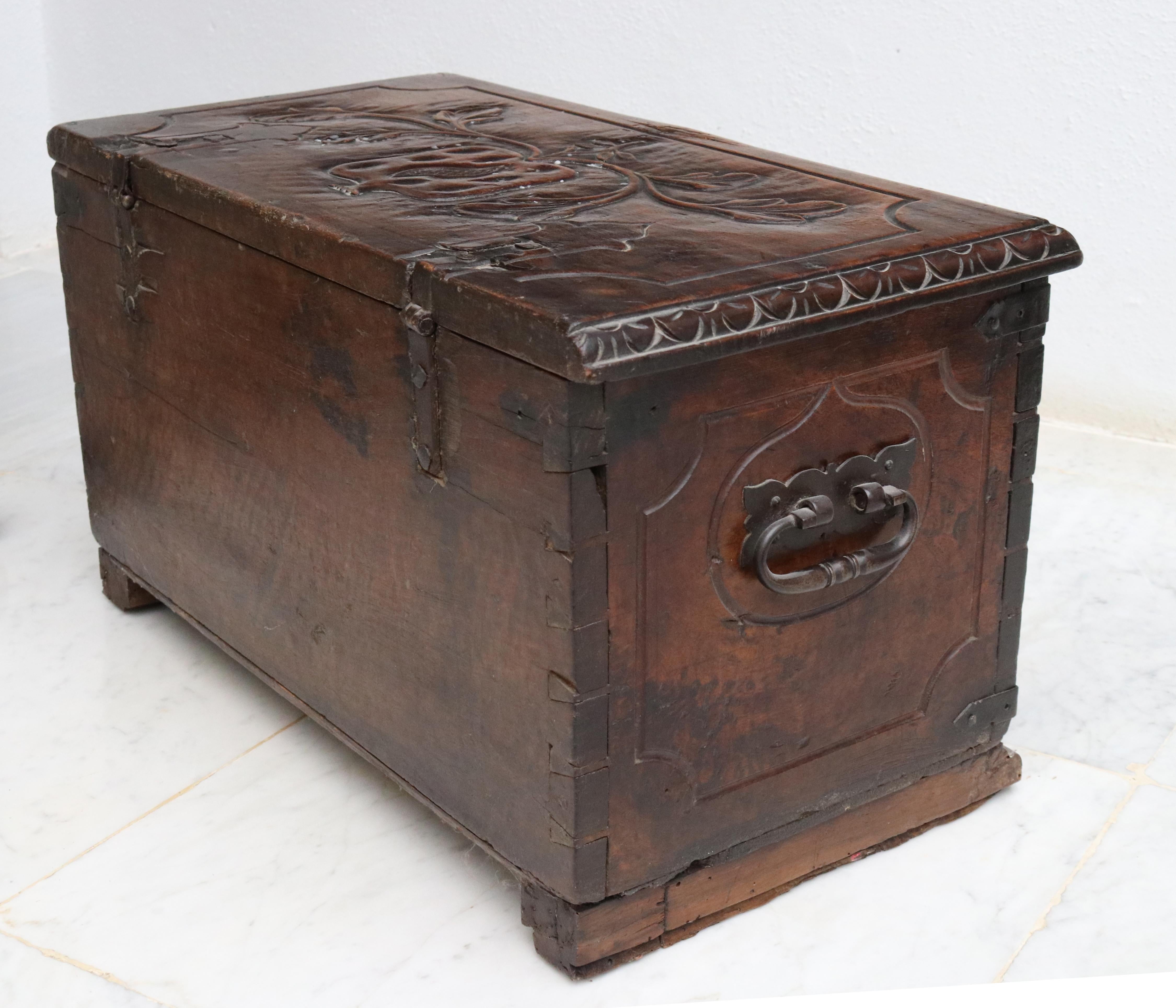 18th Century Colonial Wooden Chest with Relief Carvings and Iron Fittings For Sale 2