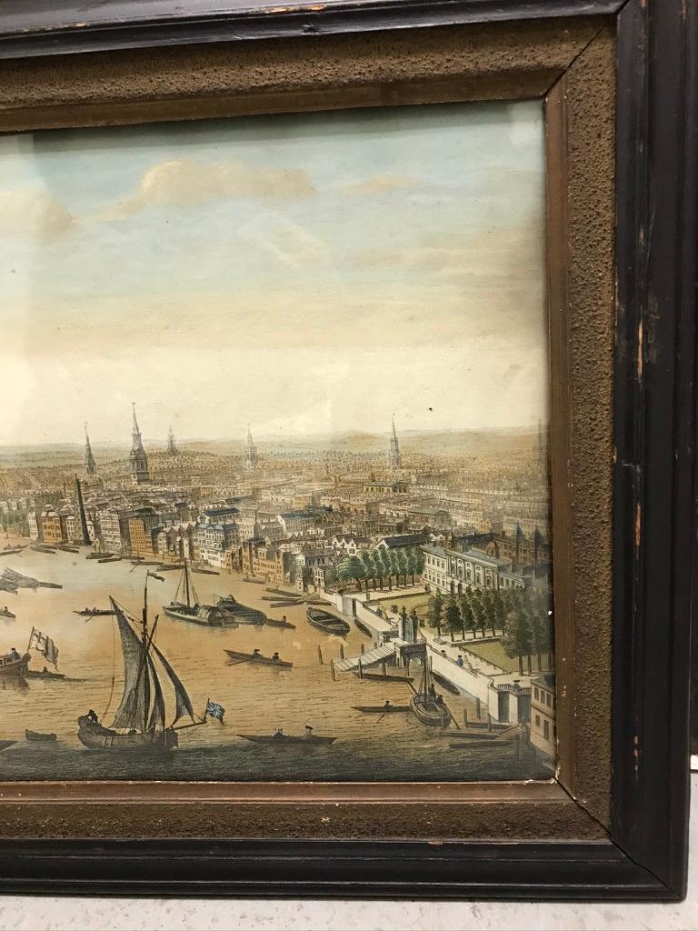 
18th century hand colored engraving, with wonderful details. 'View down the River Thames looking towards Westminster, with Somerset House on the right, Westminster Abbey and Bridge in mid-distance; many boats on the water, a pontoon in foreground