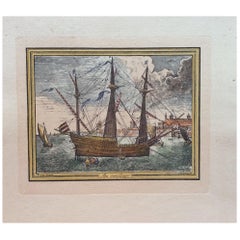 Antique 18th Century Color Engraving Print by Pieter F.H. Bruegel, Au Monillage