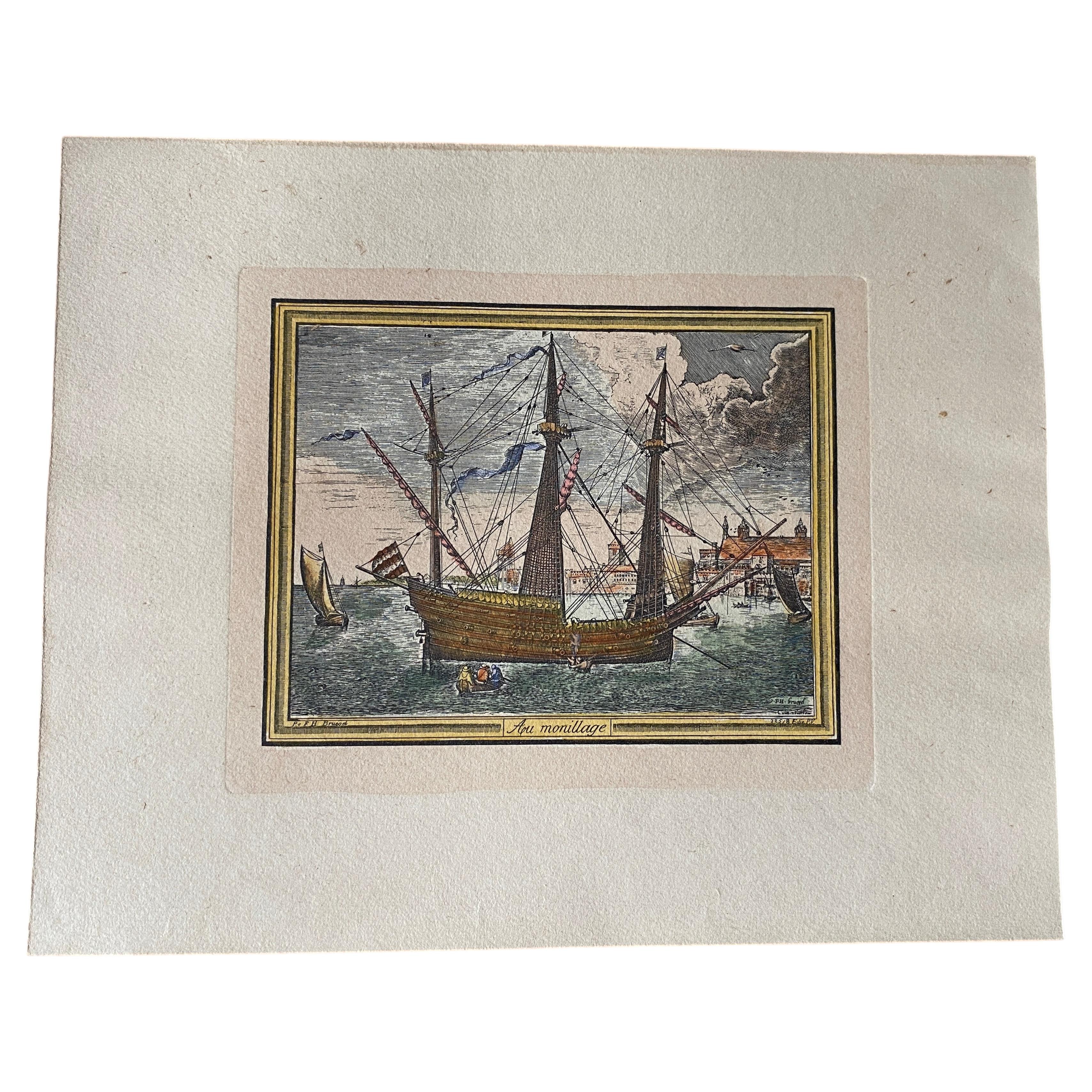 Gravure en couleur du XVIIIe siècle par Pieters F. H. Bruegel, Au Monillage