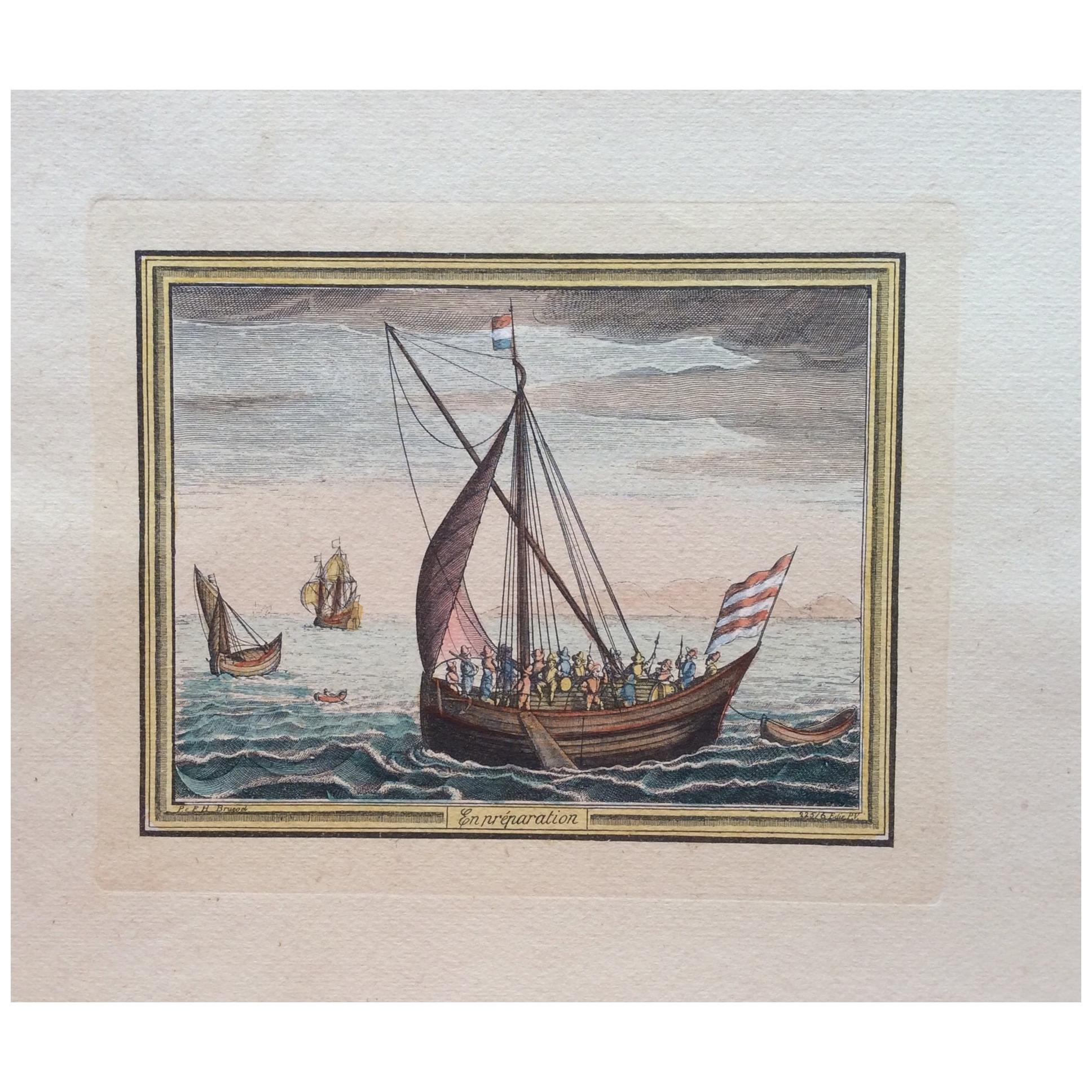 18th Century Color Engraving Print by Pieter F.H. Bruegel, Titled En Preparation For Sale