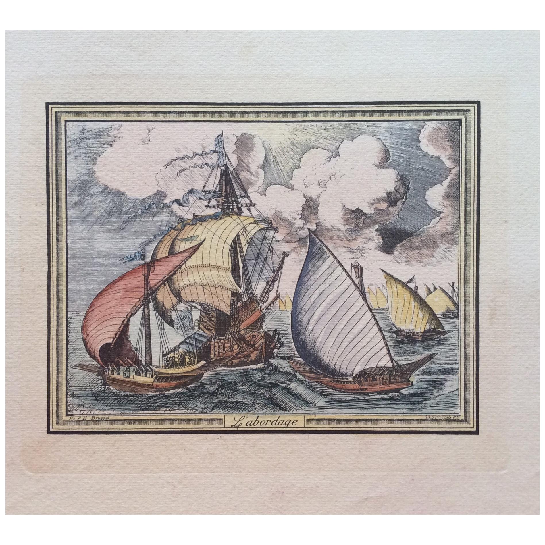 18th Century Color Engraving Print by Pieter F.H. Bruegel, Title L' Abordage
