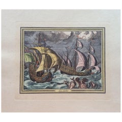 Antique 18th Century Color Engraving Print by Pieter F.H. Bruegel, La Peche