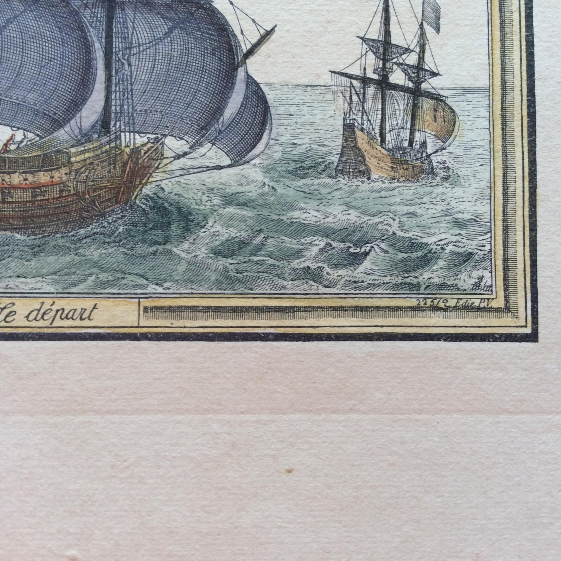18th Century Color Engraving Print by Pieter F.H. Bruegel, Le Depart In Good Condition For Sale In Miami, FL