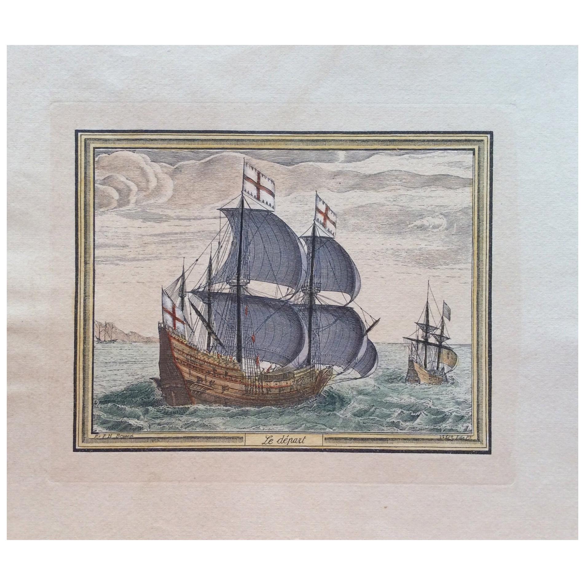 Impression en couleur du 18ème siècle de Pieter F.H. Bruegel, Le Depart en vente