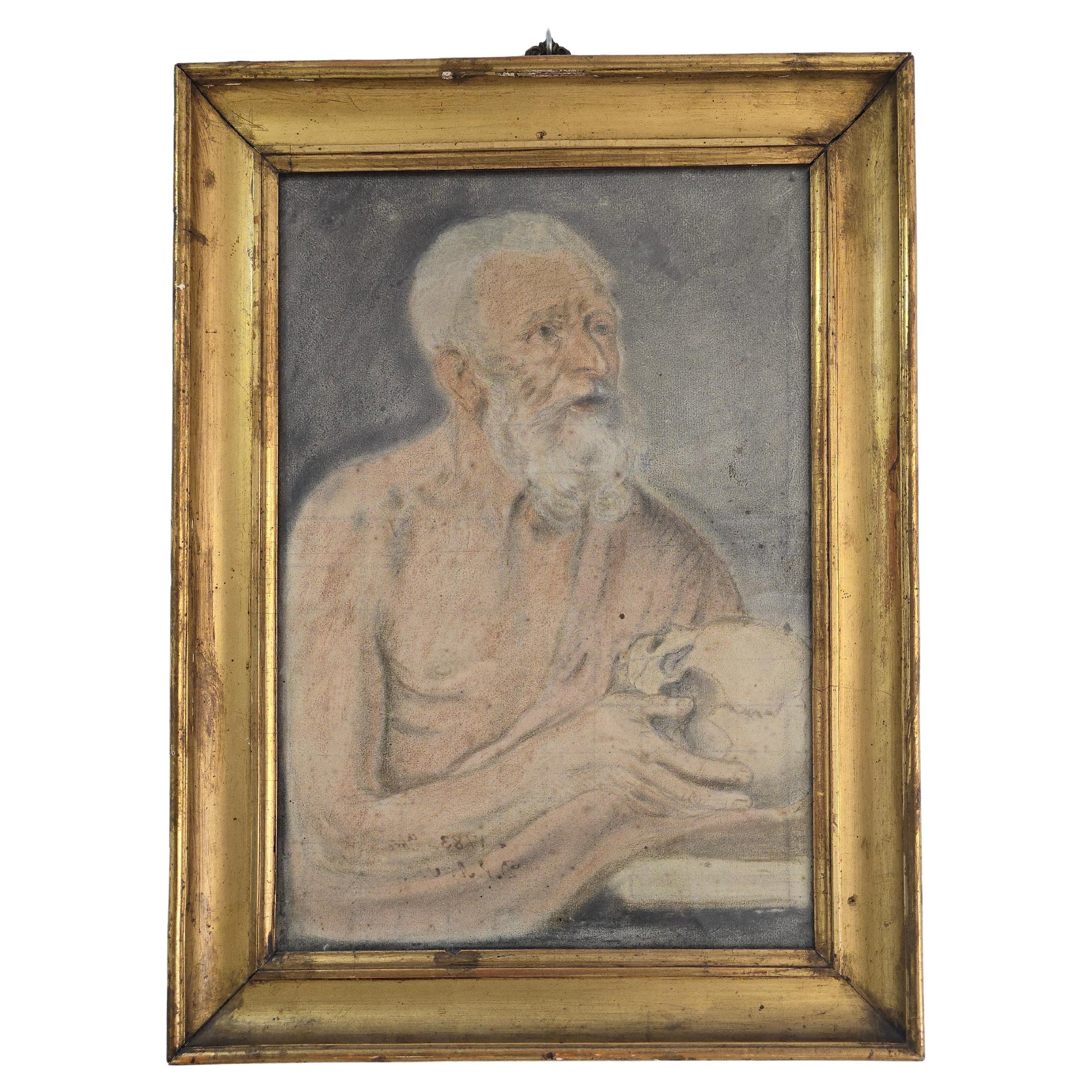 Disegno colorato del XVIII secolo firmato e datato (1783) - Forse San Girolamo in vendita