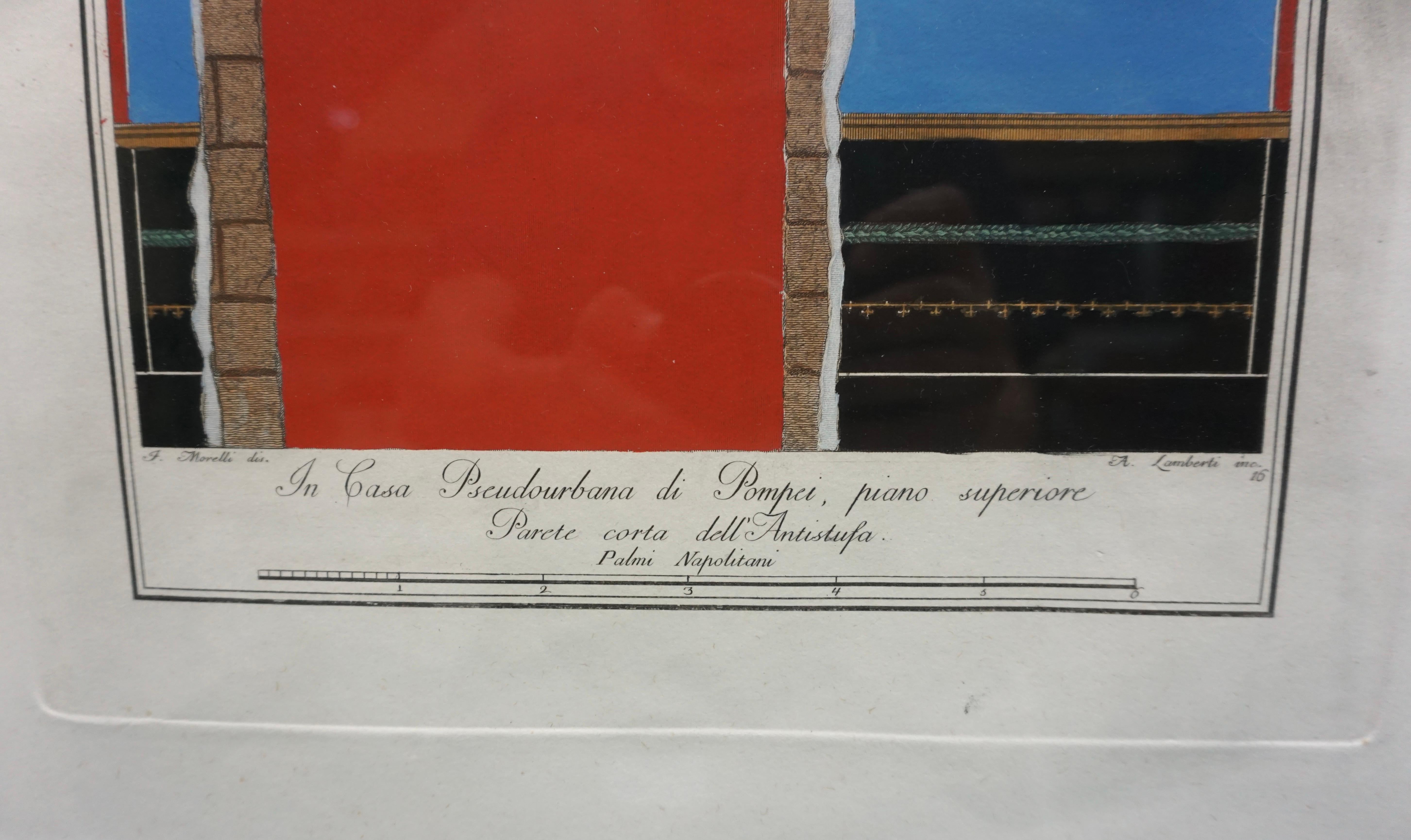 Farbige Radierung einer Mauer in Pompeji aus dem frühen neunzehnten Jahrhundert (Italienisch) im Angebot