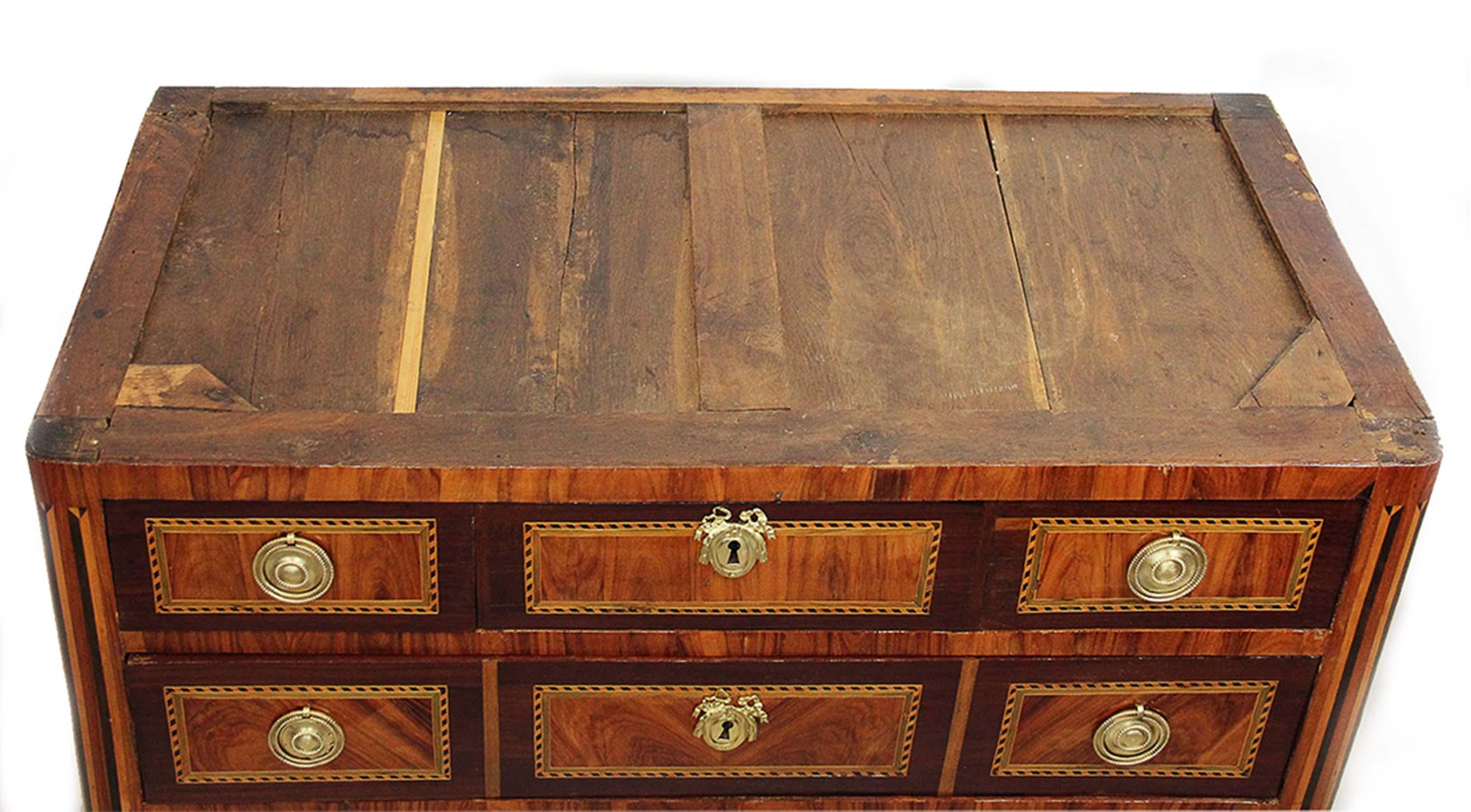 French 18th Century Commode in Rosewood Veneer Stamped JB Vassou with Grey Marble Top For Sale