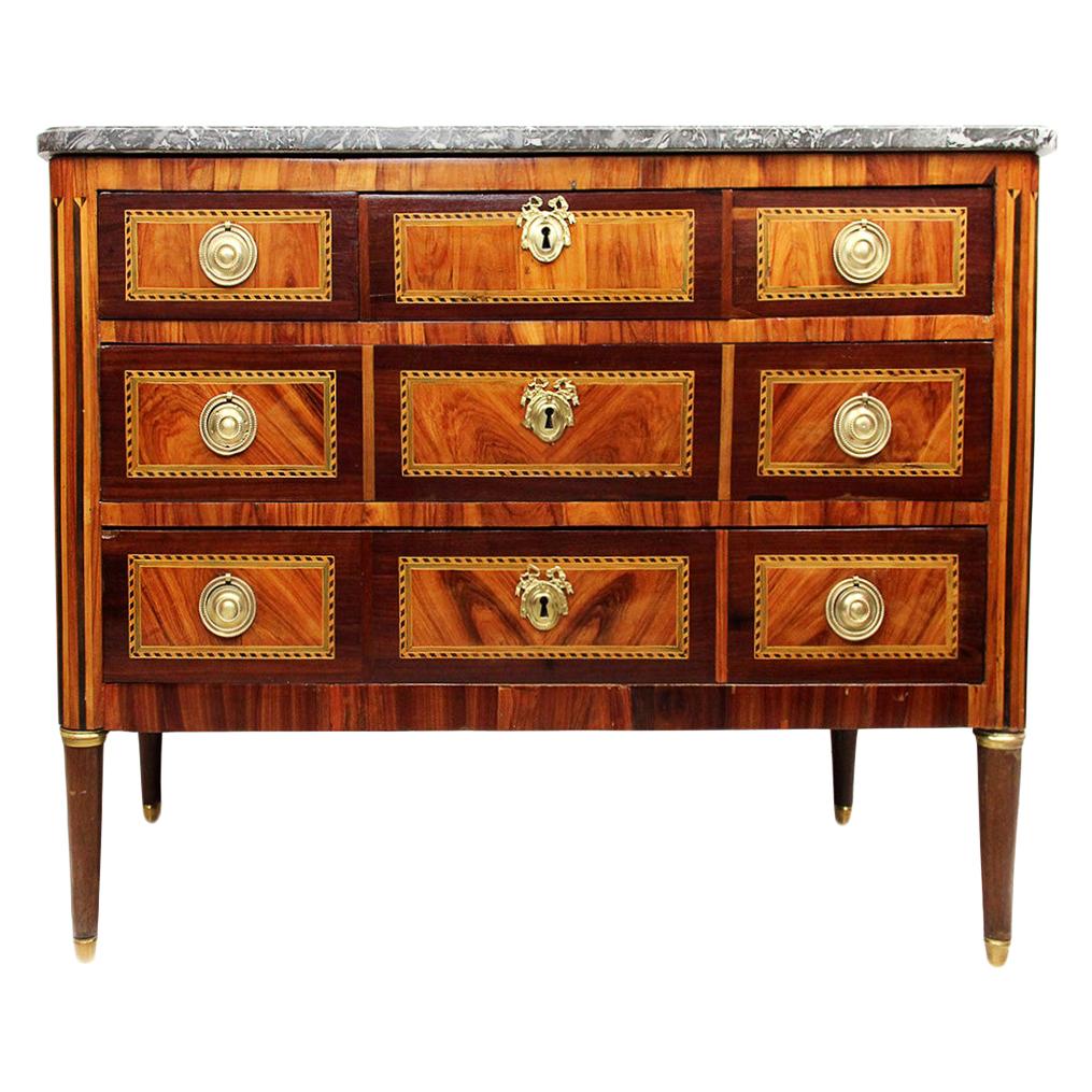 18th Century Commode in Rosewood Veneer Stamped JB Vassou with Grey Marble Top For Sale