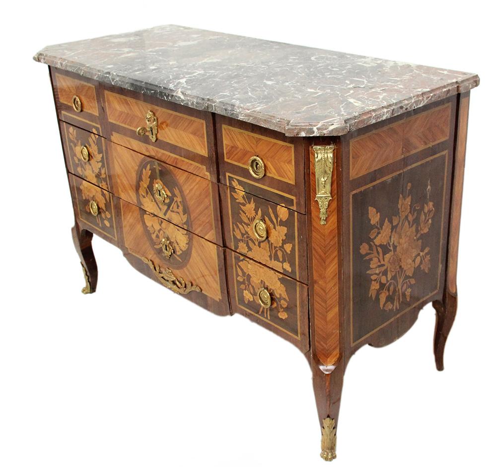 Marquetry 18th Century Commode Stamp Roussel in Rosewood, Amaranth and Tobacco Wood For Sale