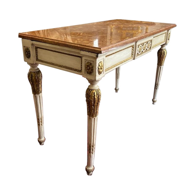 Mesa consola del siglo XVIII en madera dorada de Rechampi y tapa de mármol, Italia en venta